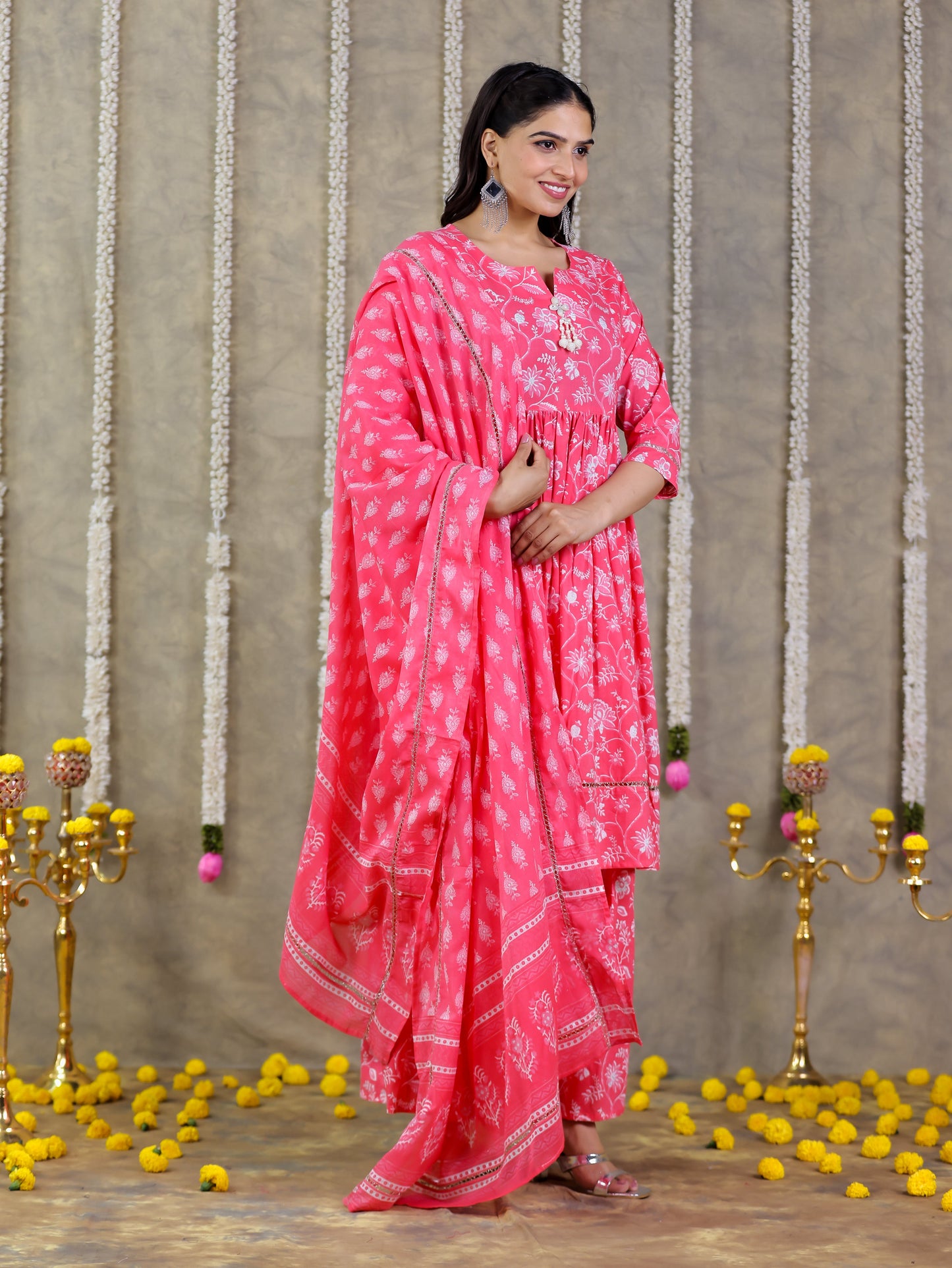 Soft Cotton Floral Flared Pink Kurta