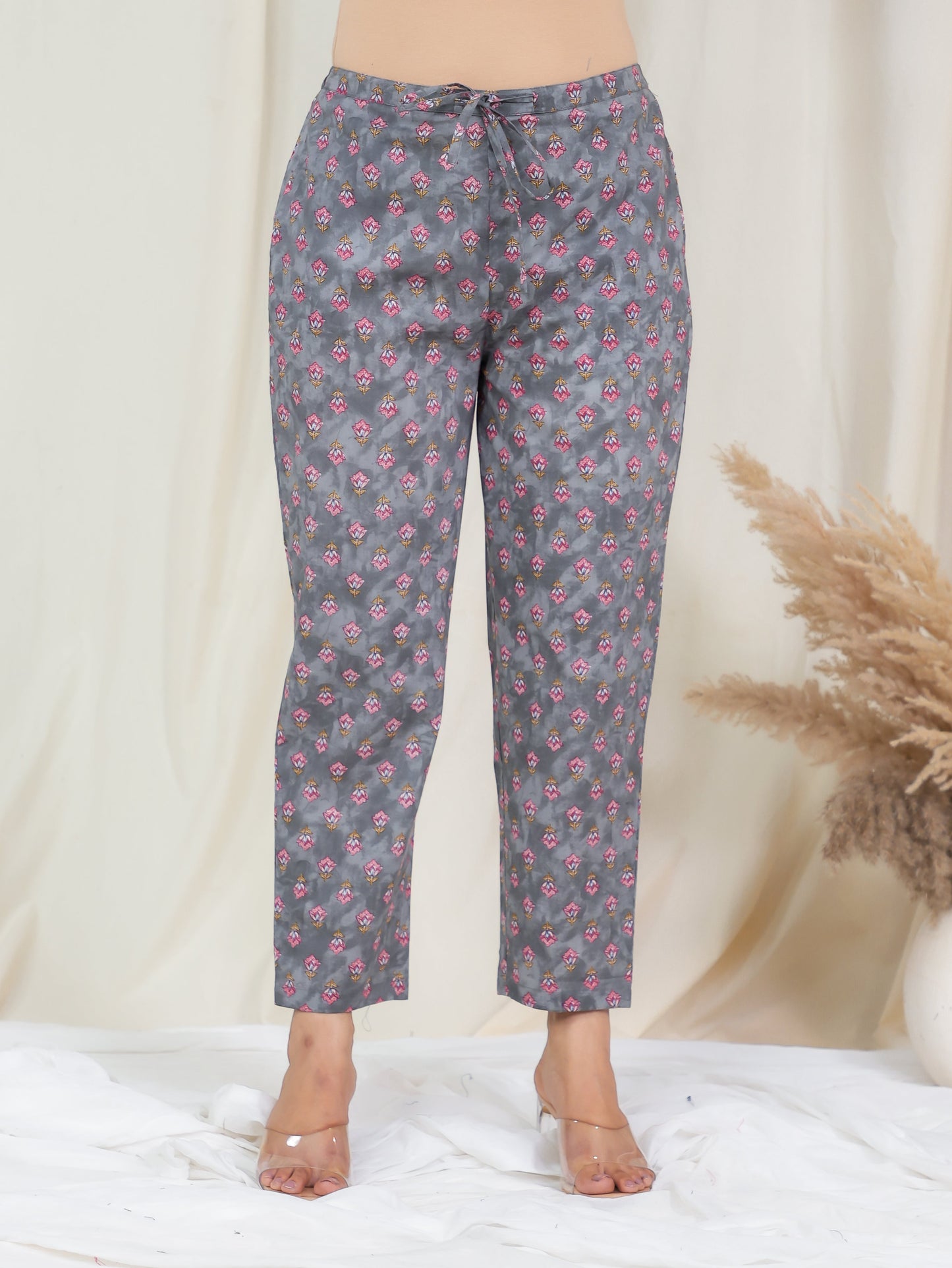 Soft Cotton Floral Grey Tapered Trousers