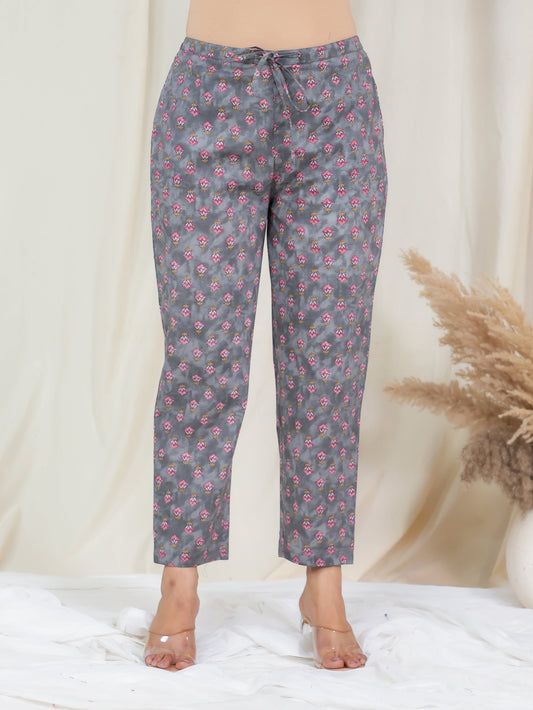 Soft Cotton Floral Grey Tapered Trousers