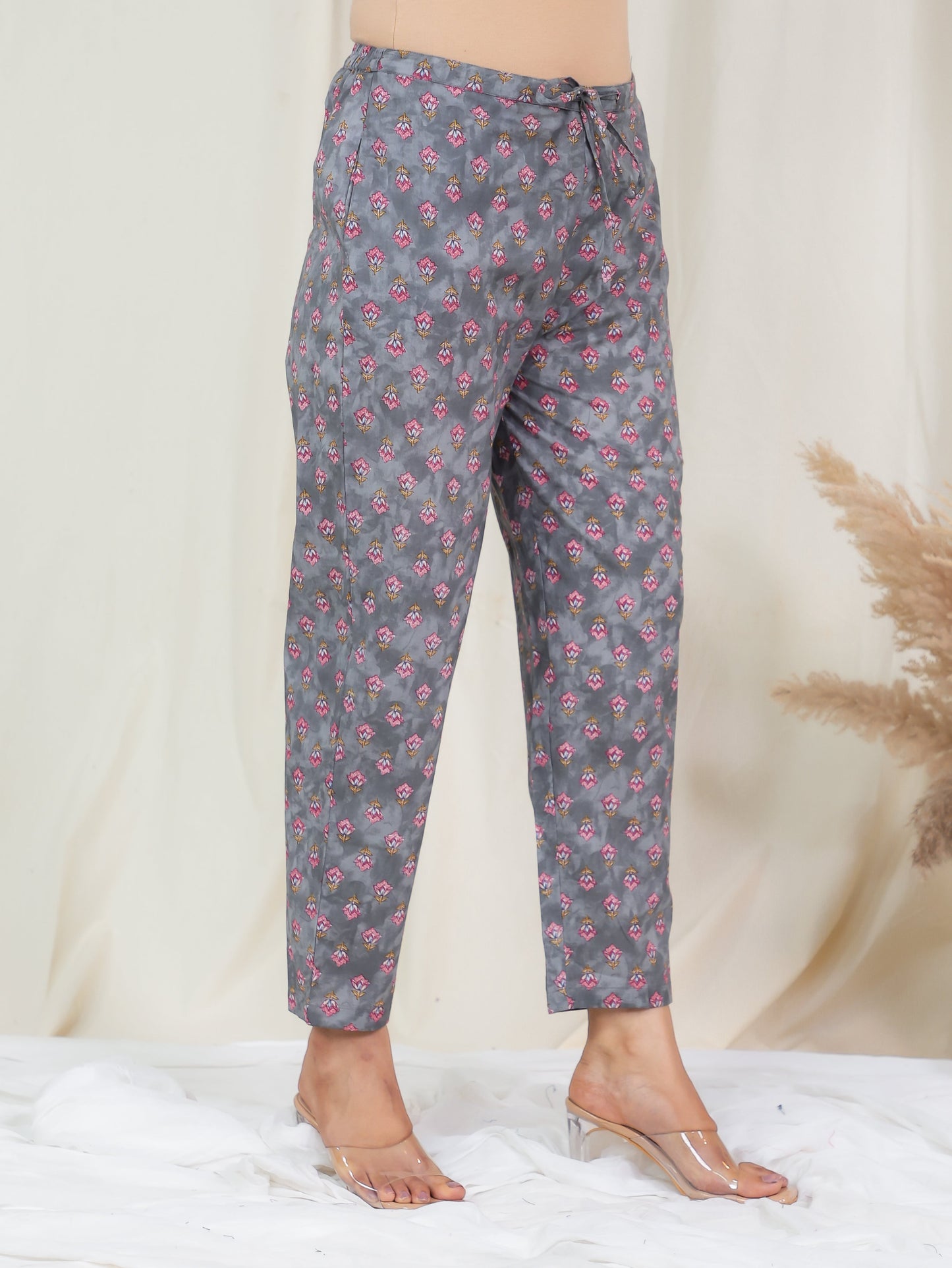 Soft Cotton Floral Grey Tapered Trousers