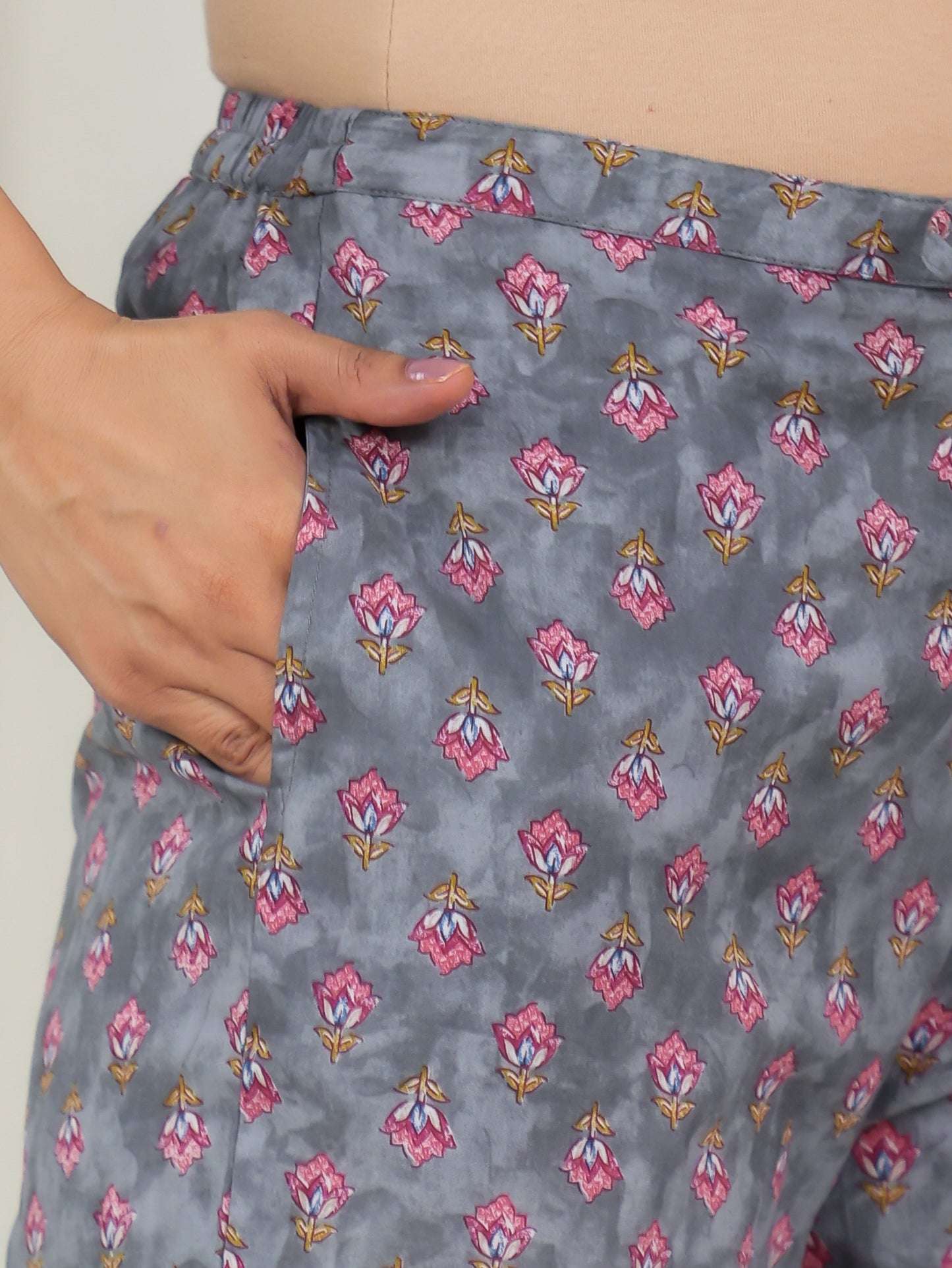 Soft Cotton Floral Grey Tapered Trousers
