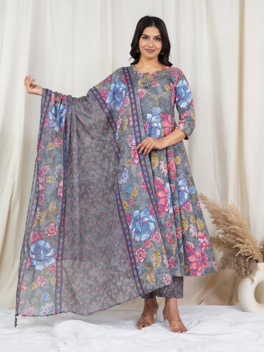 Cotton Voile Floral Grey Dupatta