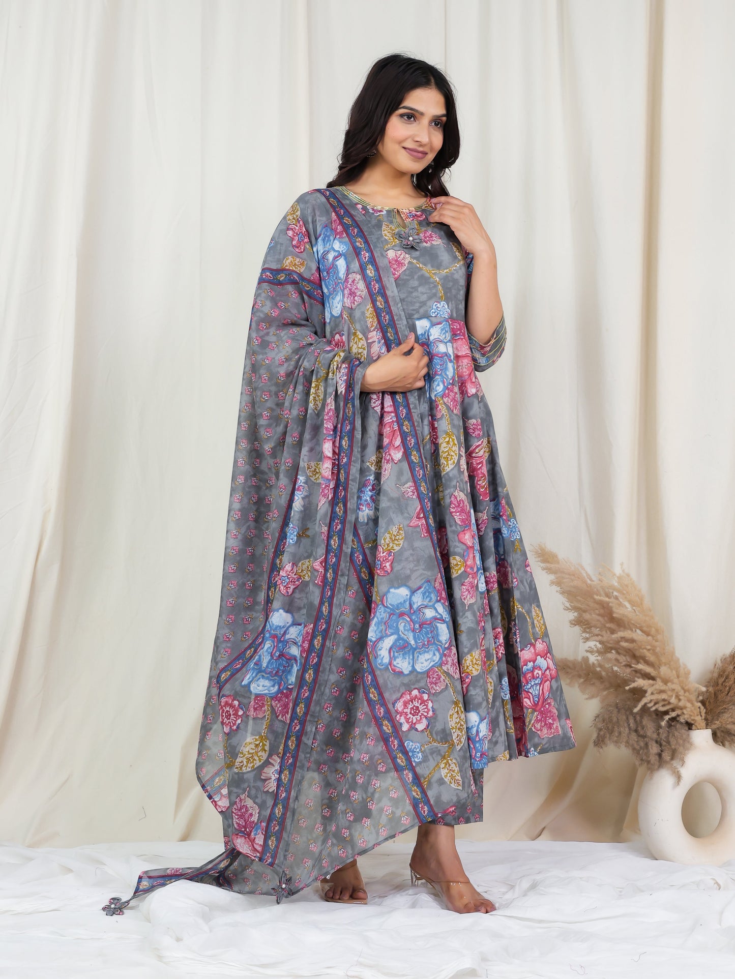 Cotton Voile Floral Grey Dupatta