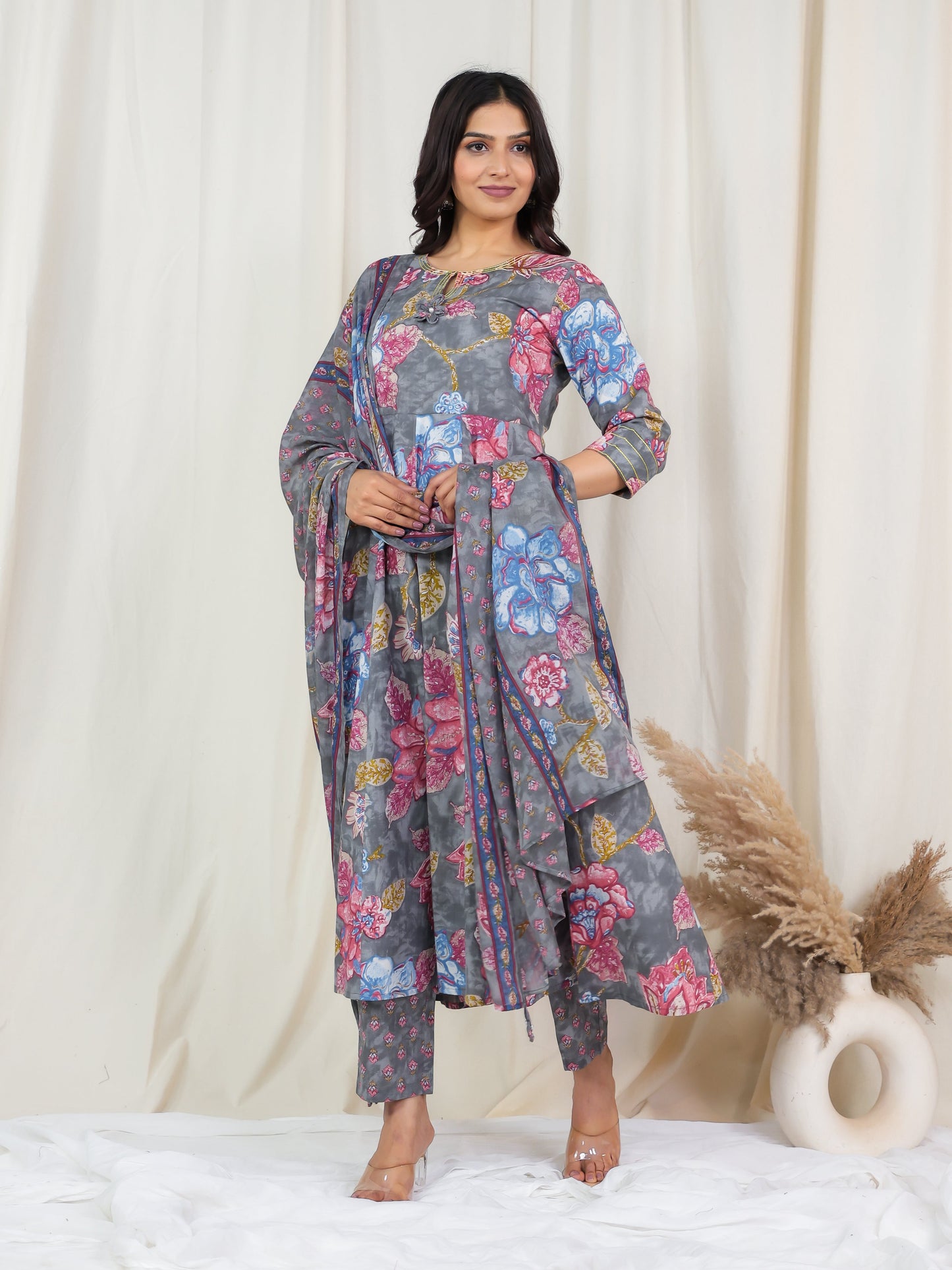 Cotton Voile Floral Grey Dupatta