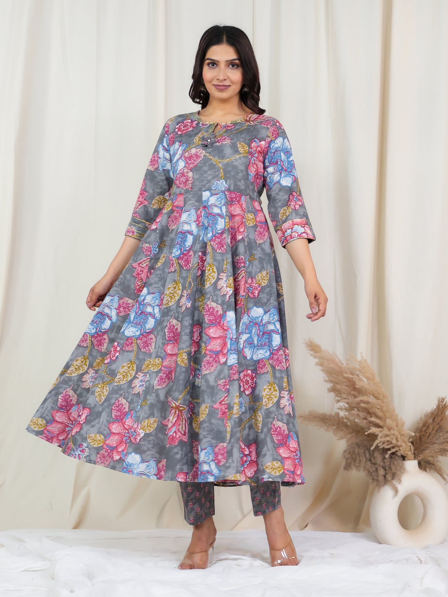 Embroidered Soft Cotton Floral Anarkali Grey Kurta