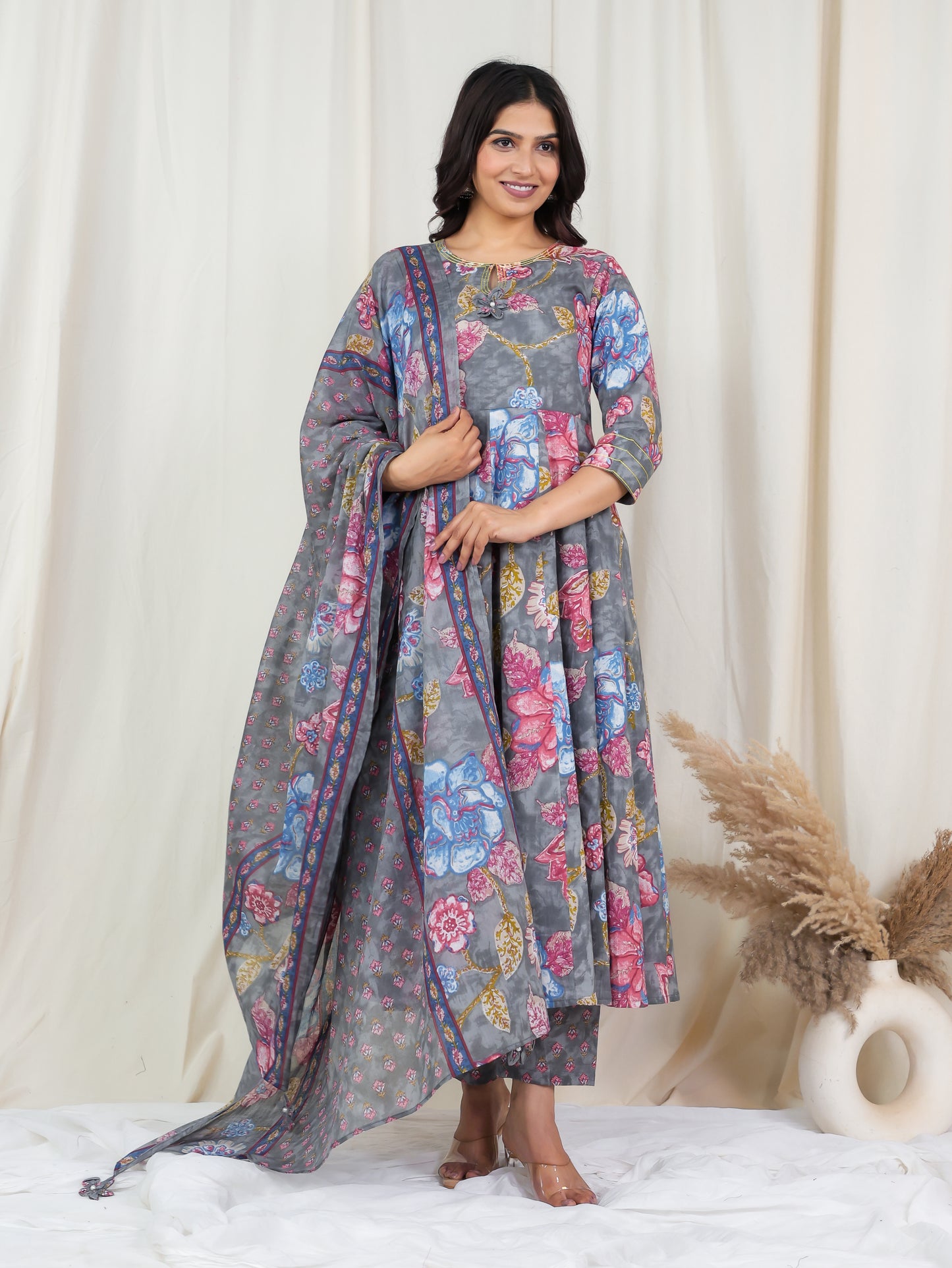Embroidered Soft Cotton Floral Anarkali Grey Kurta