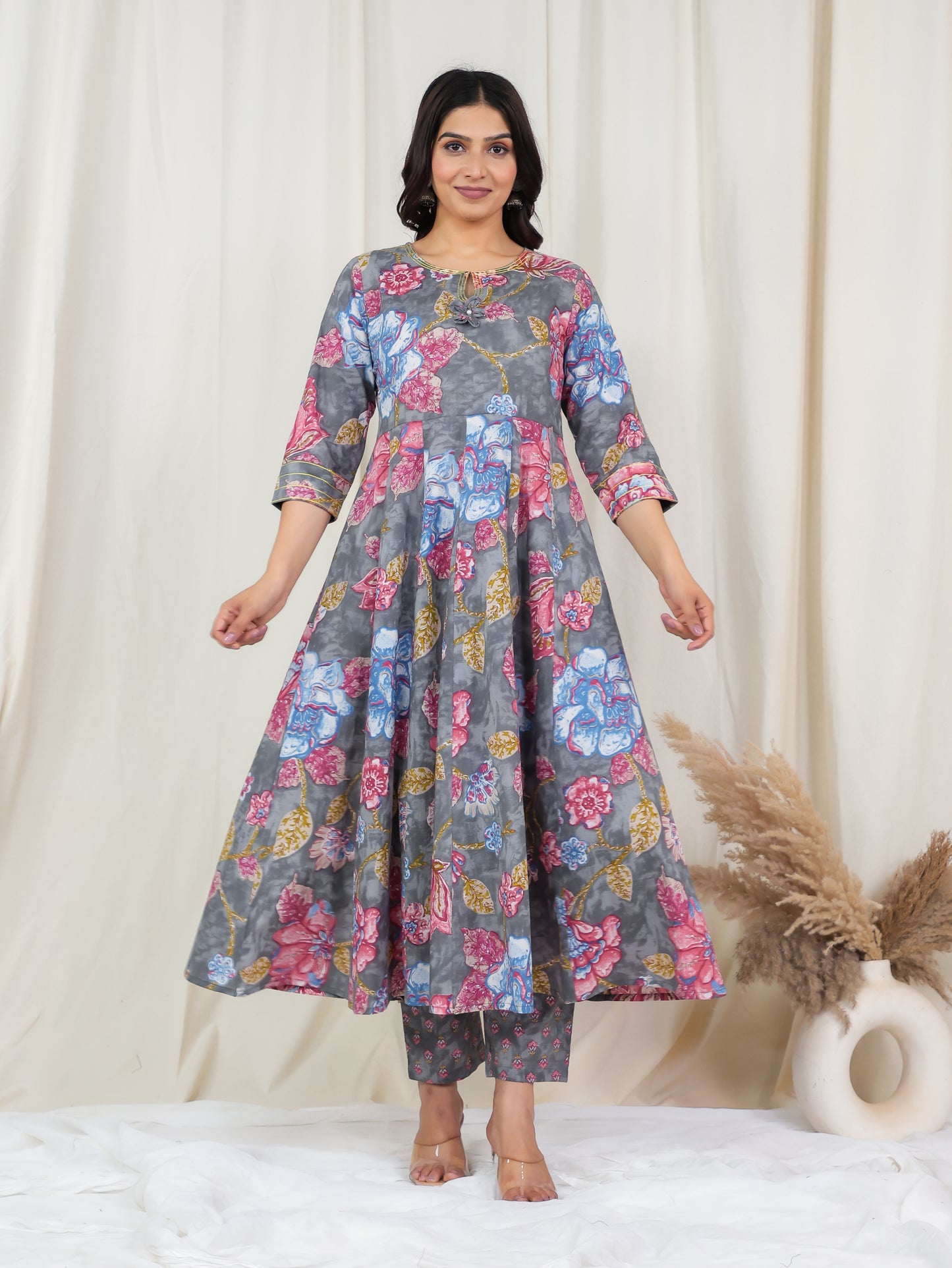 Embroidered Soft Cotton Floral Anarkali Grey Kurta
