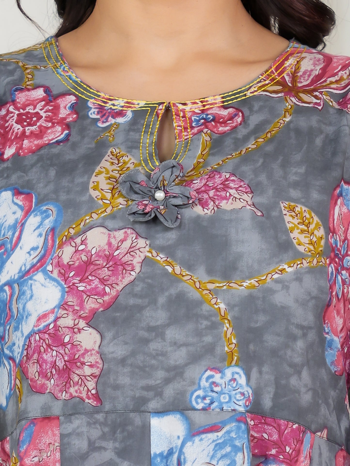 Embroidered Soft Cotton Floral Anarkali Grey Kurta