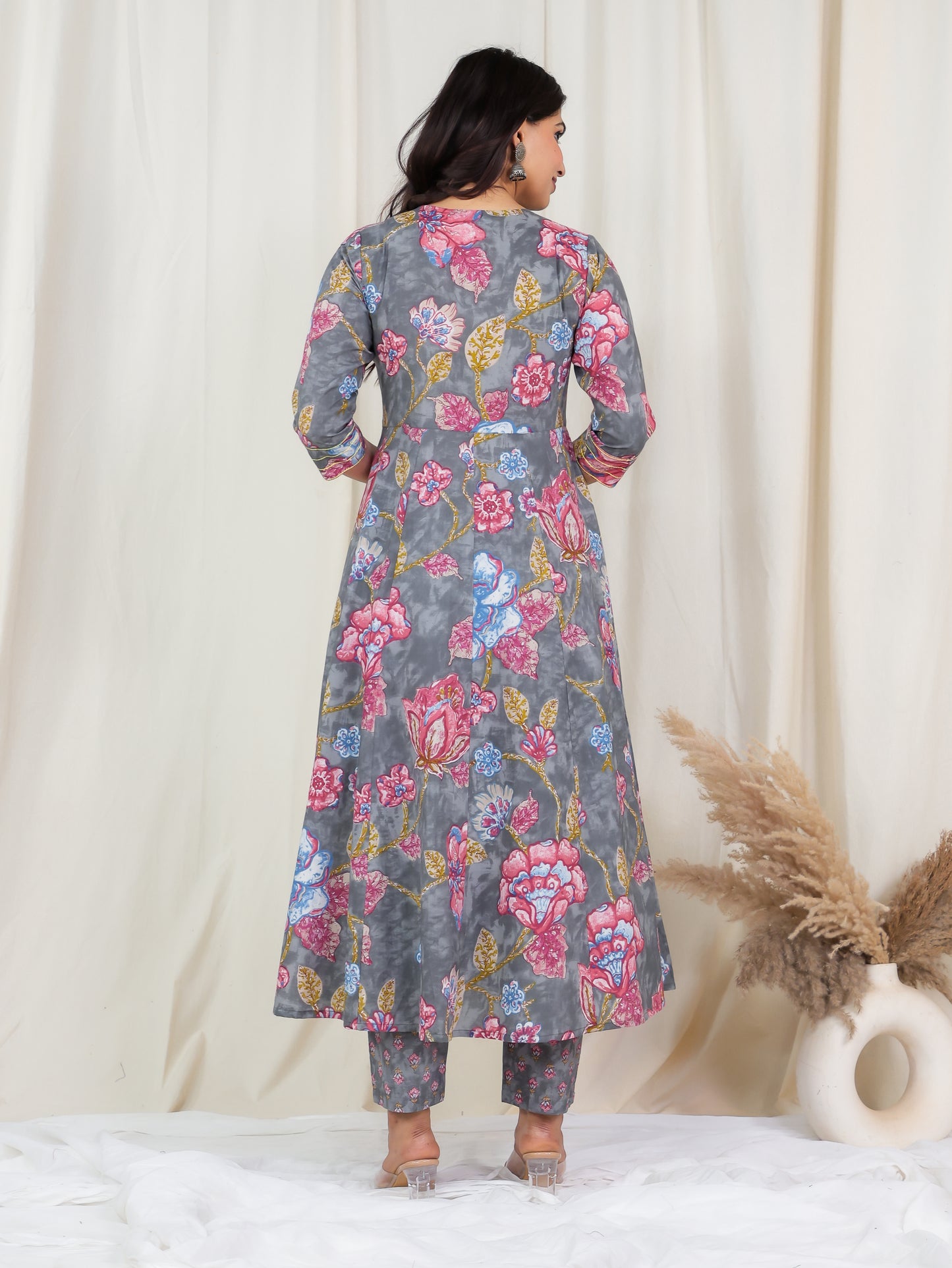 Embroidered Soft Cotton Floral Anarkali Grey Kurta