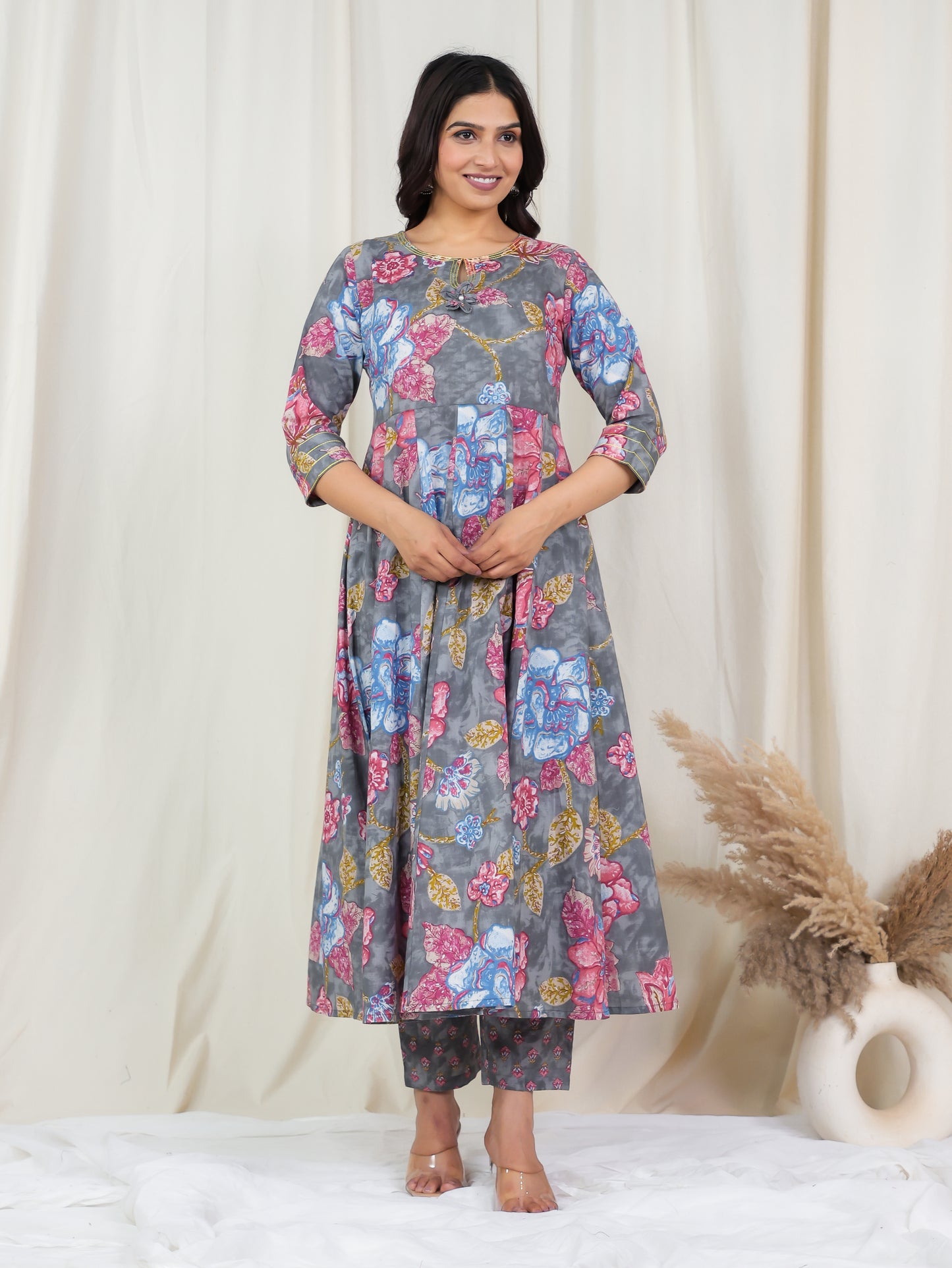 Embroidered Soft Cotton Floral Anarkali Grey Kurta