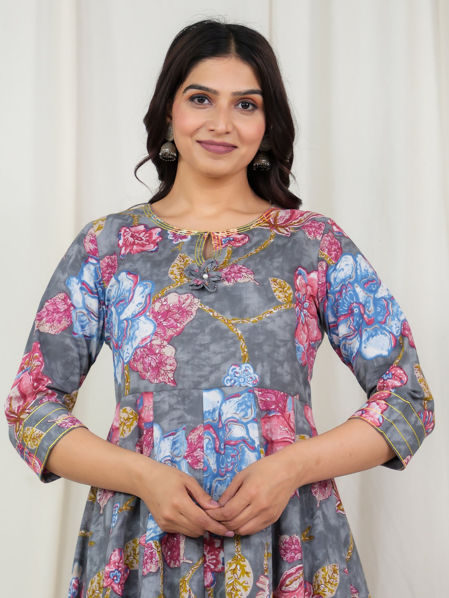 Embroidered Soft Cotton Floral Anarkali Grey Kurta