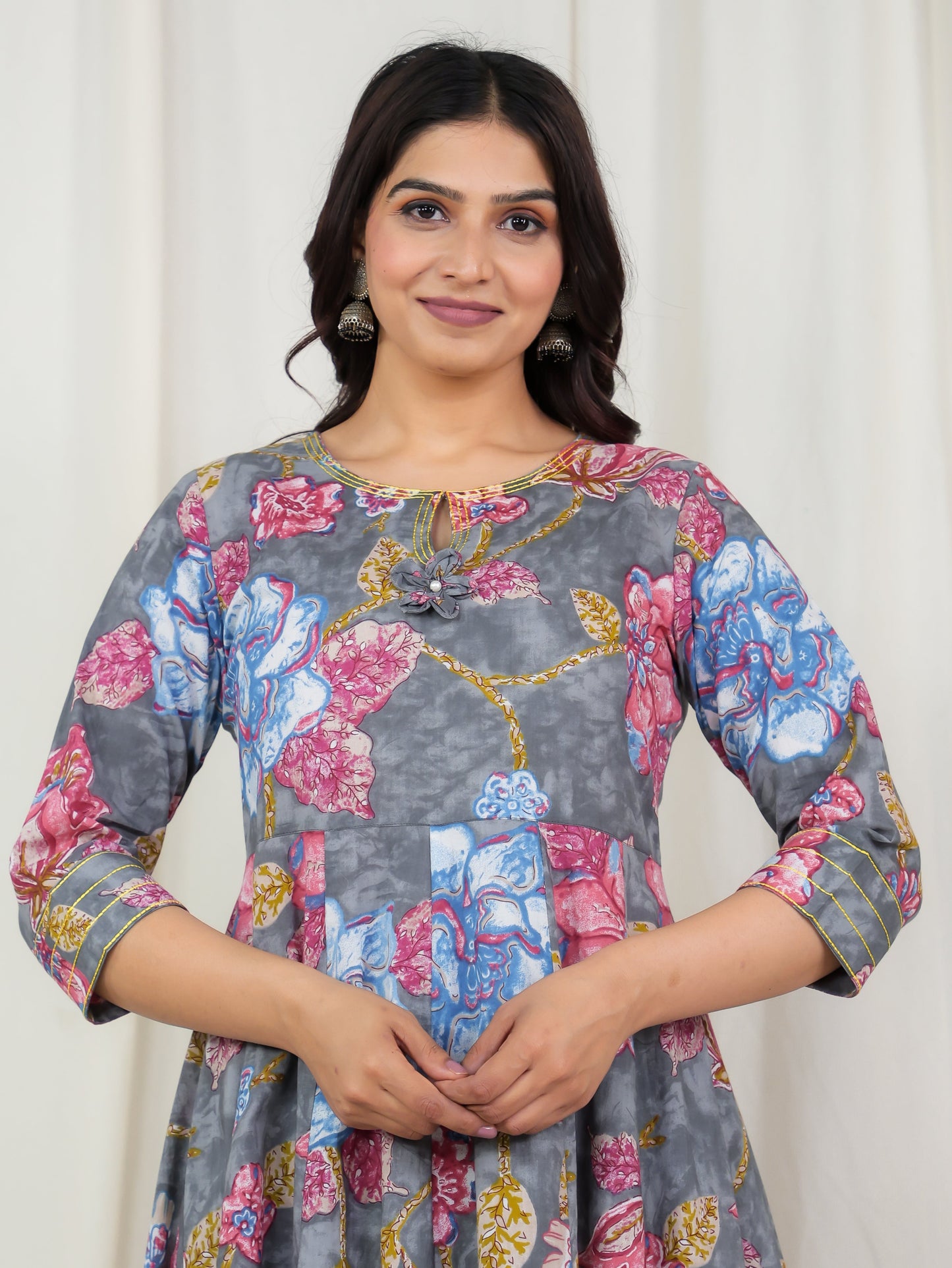 Embroidered Soft Cotton Floral Anarkali Grey Kurta