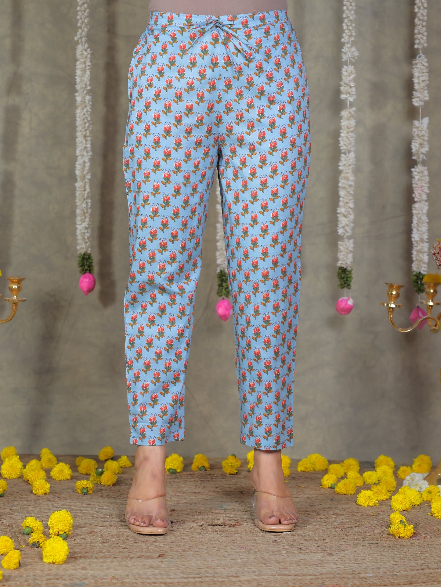 Soft Cotton Floral Blue Tapered Trousers