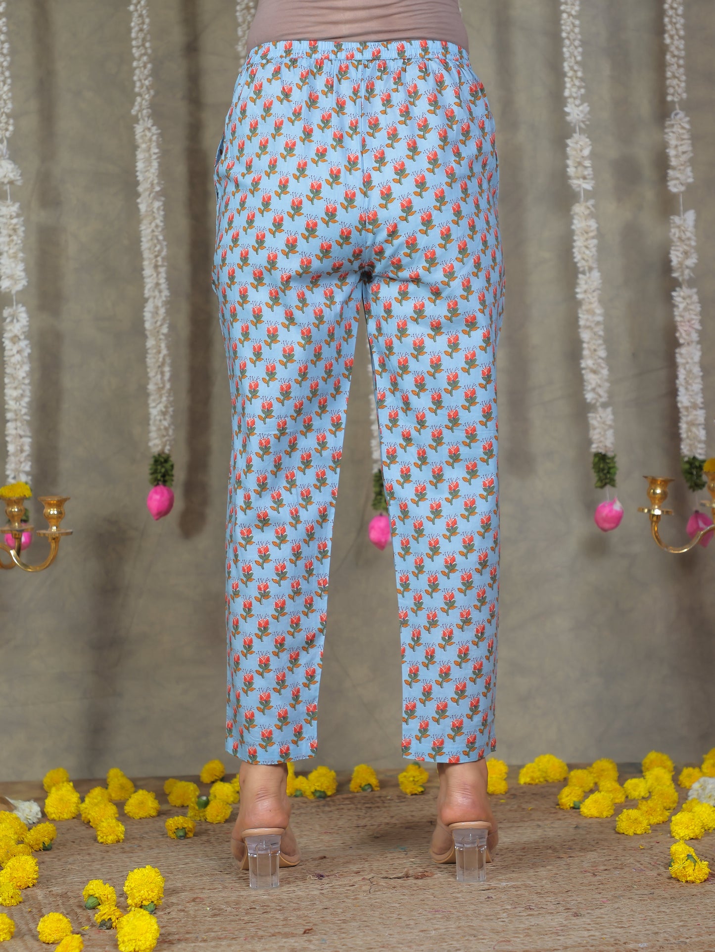 Soft Cotton Floral Blue Tapered Trousers