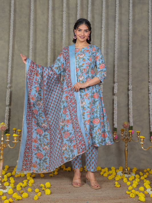 Cotton Voile Floral Blue Dupatta
