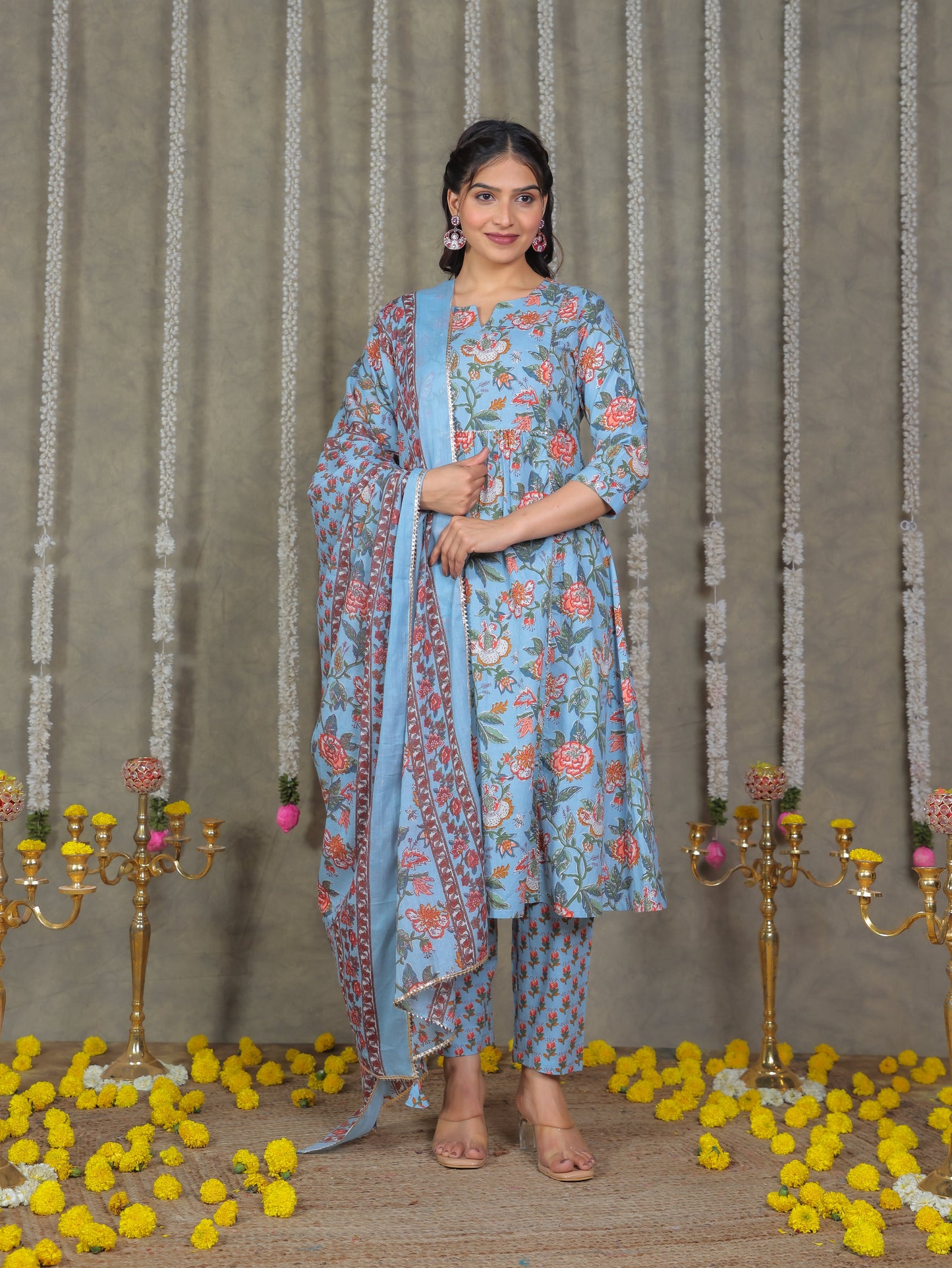 Cotton Voile Floral Blue Dupatta