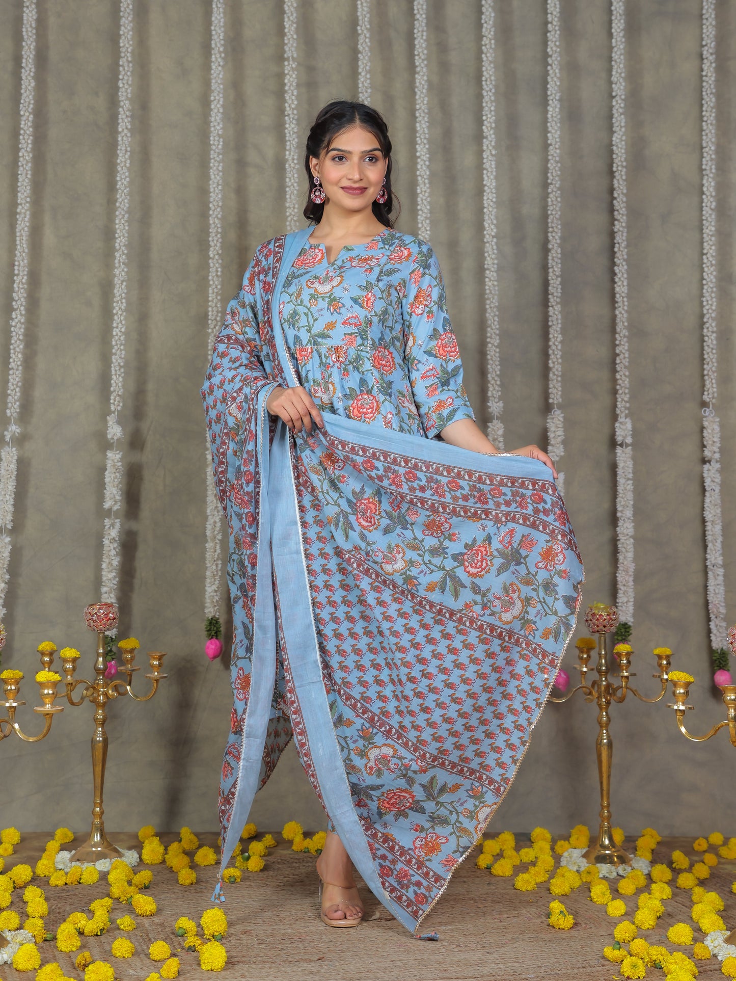 Soft Cotton Floral Flared Blue Kurta