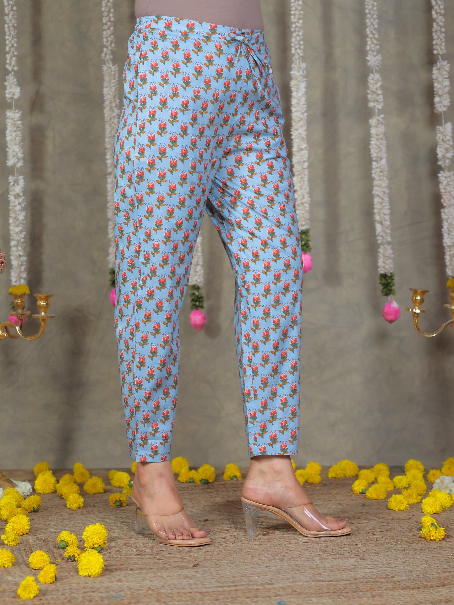 Soft Cotton Floral Flared Blue Kurta