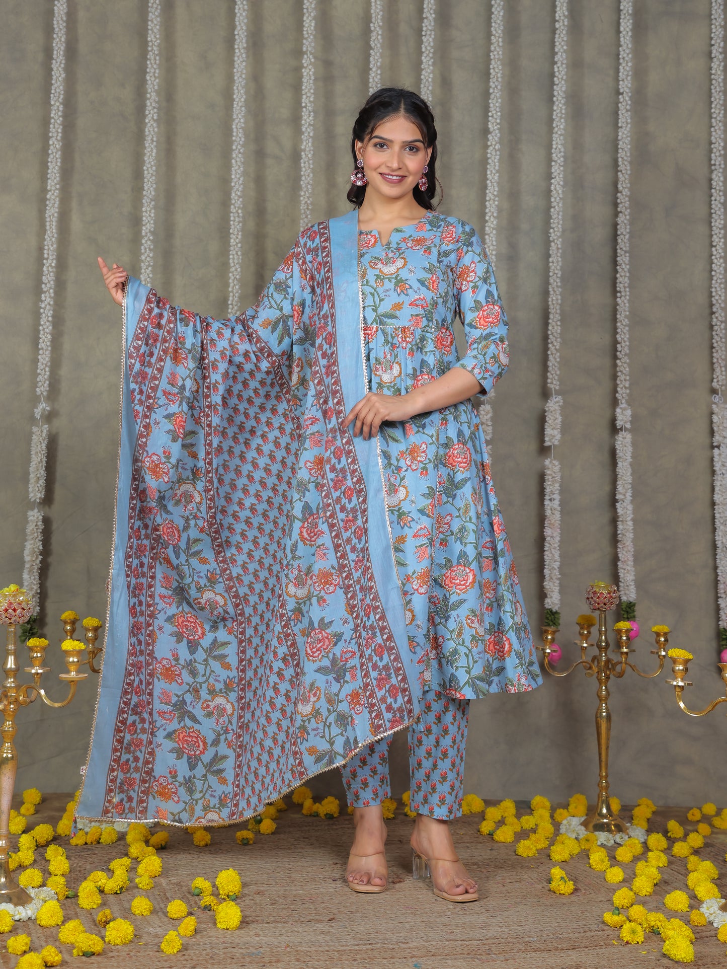 Soft Cotton Floral Flared Blue Kurta