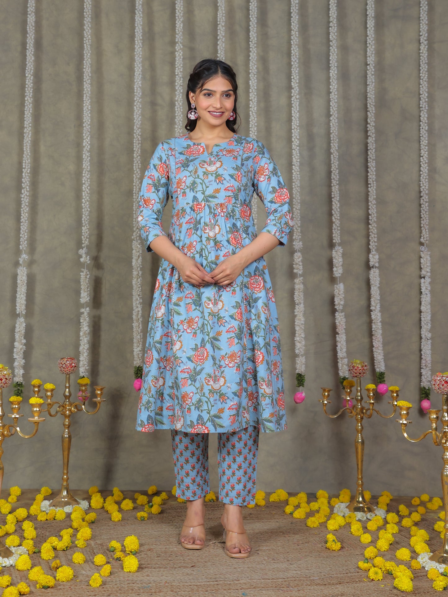 Soft Cotton Floral Flared Blue Kurta