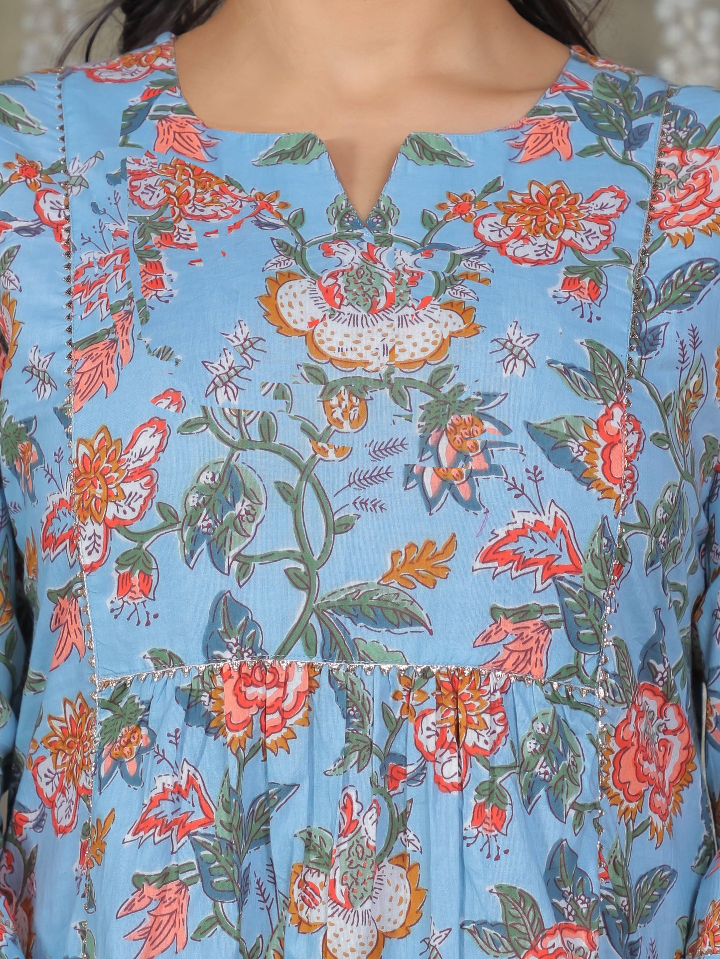 Soft Cotton Floral Flared Blue Kurta