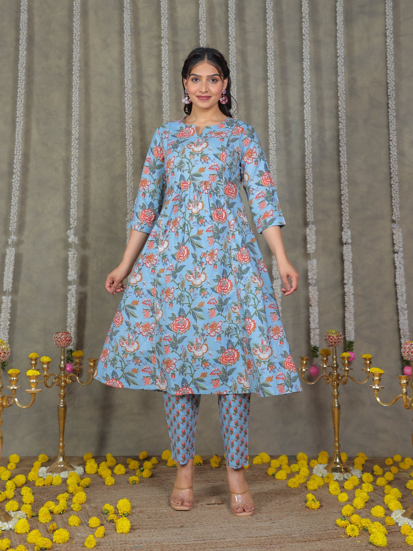 Soft Cotton Floral Flared Blue Kurta