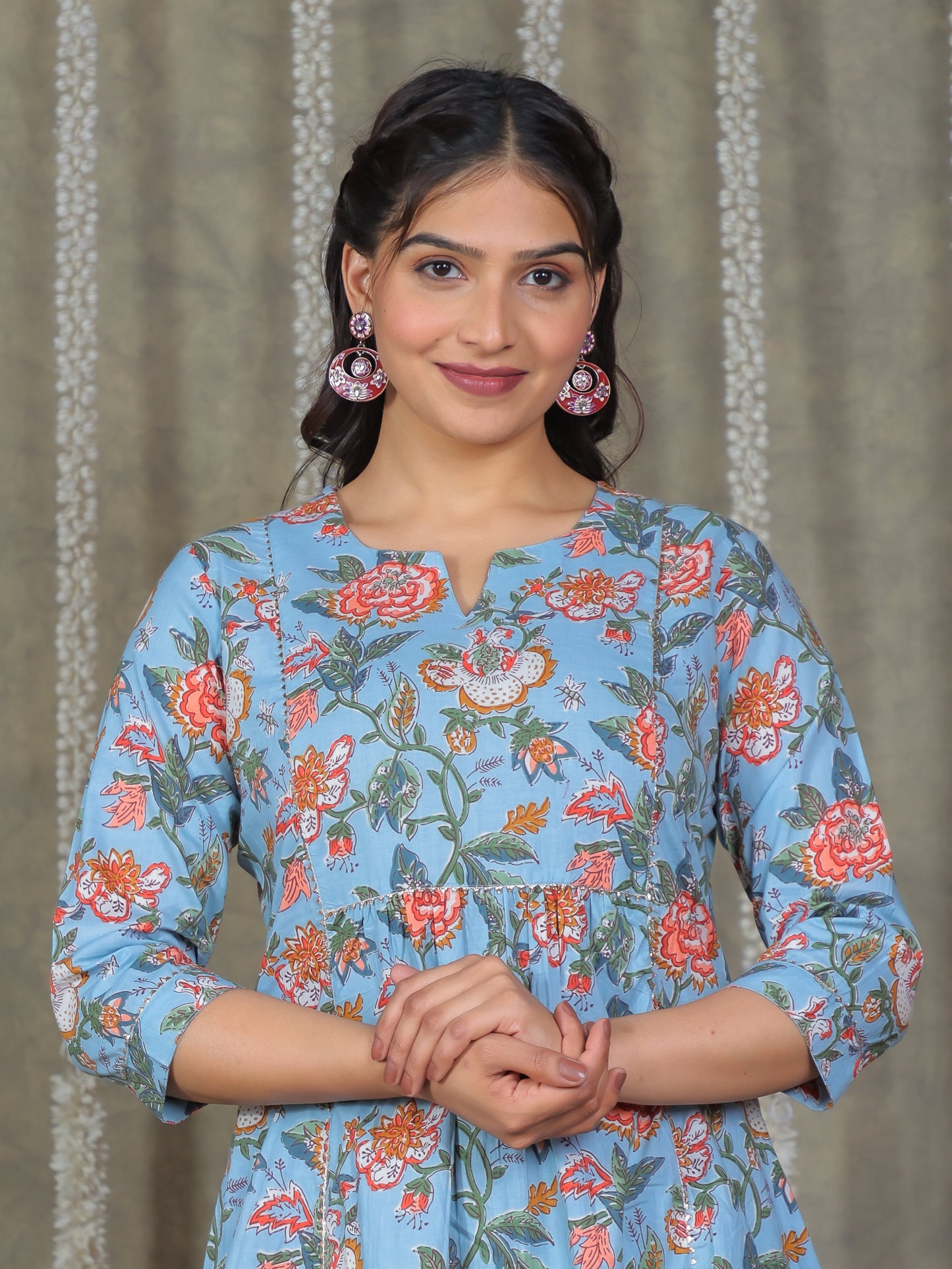 Soft Cotton Floral Flared Blue Kurta