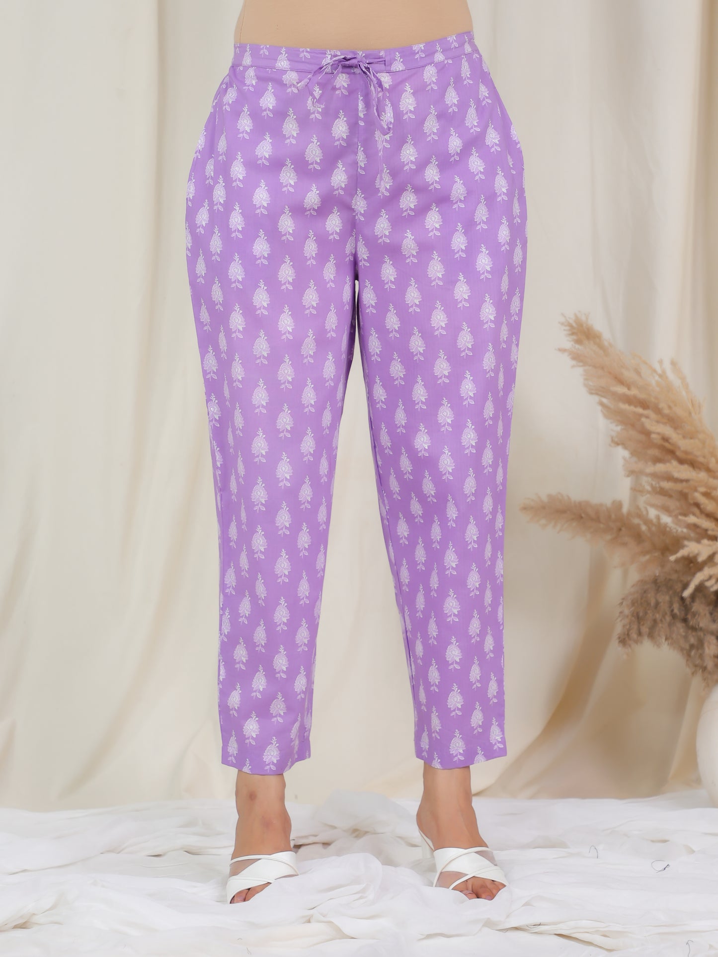 Soft Cotton Floral Purple Trousers  Tapered Trousers