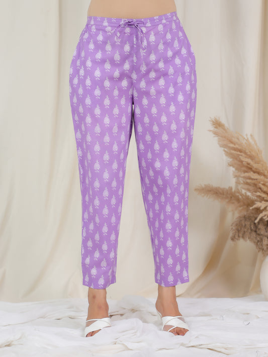 Soft Cotton Floral Purple Trousers  Tapered Trousers