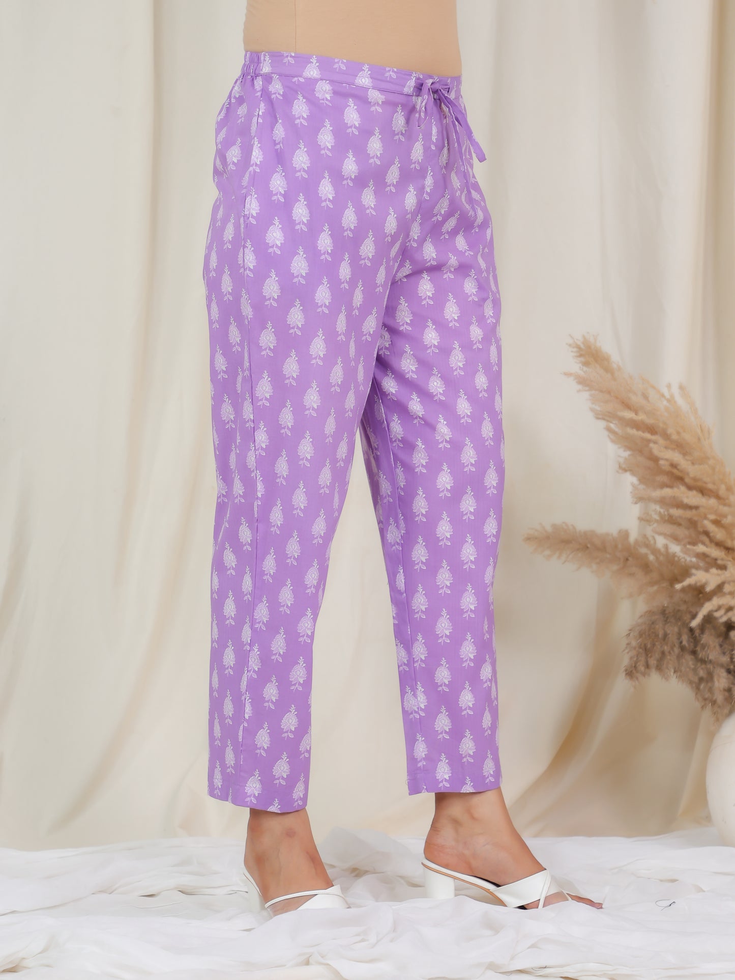 Soft Cotton Floral Purple Trousers  Tapered Trousers