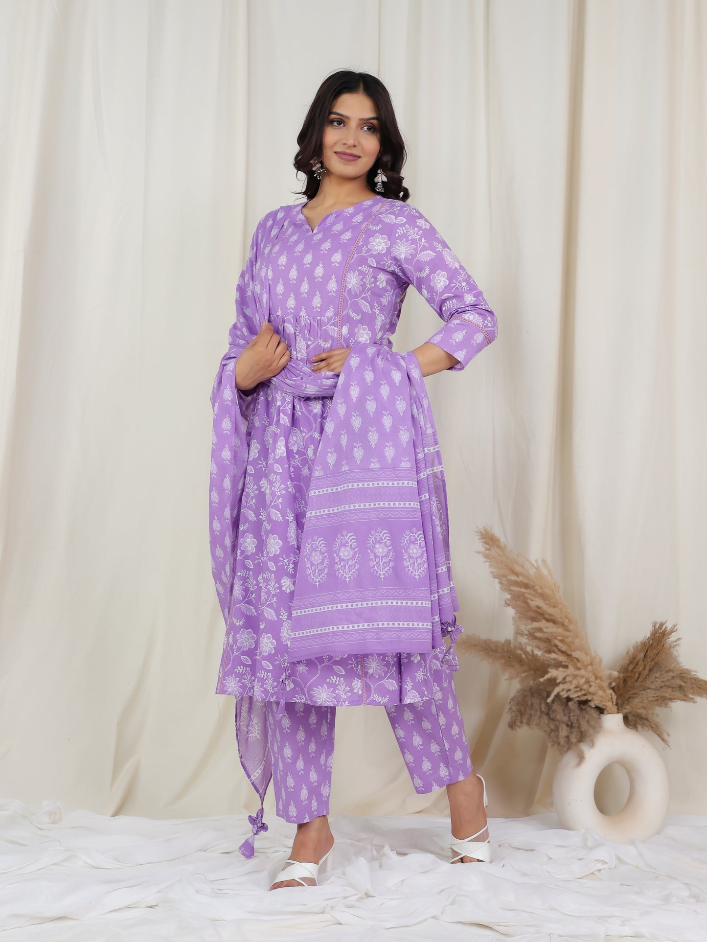 Soft Cotton Floral Flare Purple Kurta