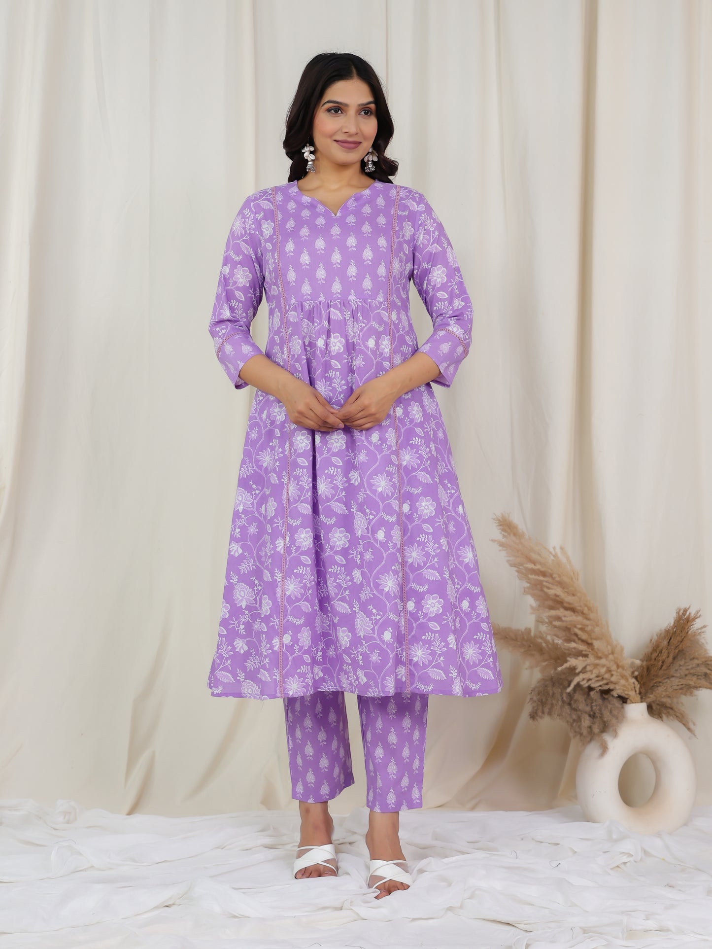 Soft Cotton Floral Flare Purple Kurta