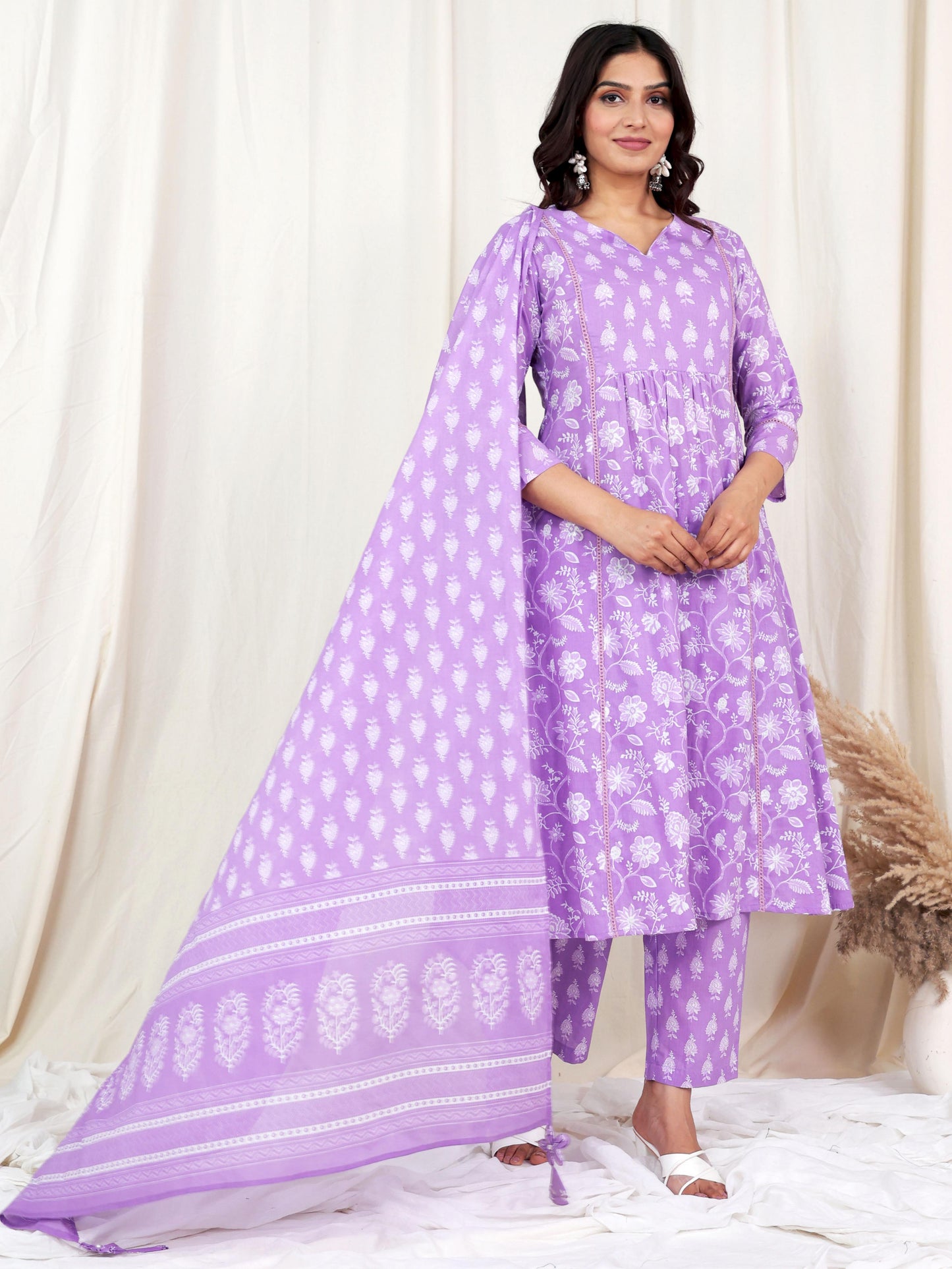 Soft Cotton Floral Flare Purple Kurta