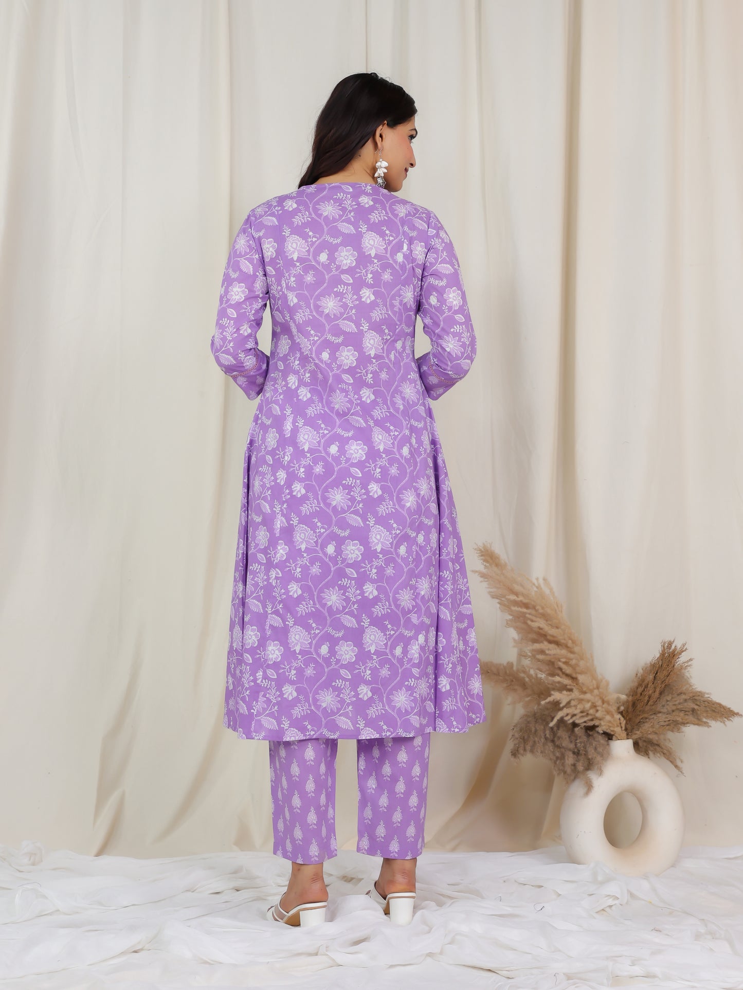Soft Cotton Floral Flare Purple Kurta
