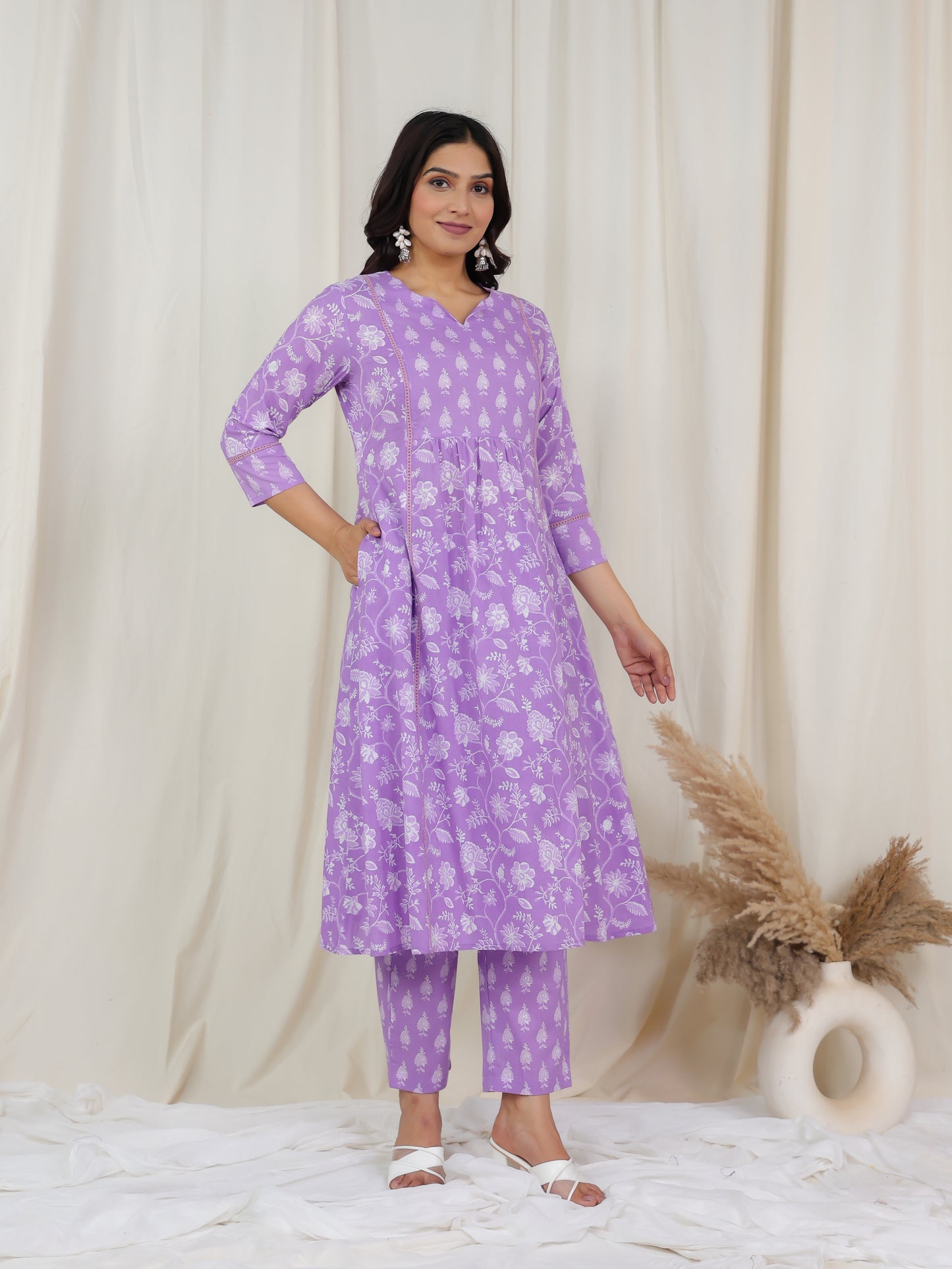 Soft Cotton Floral Flare Purple Kurta