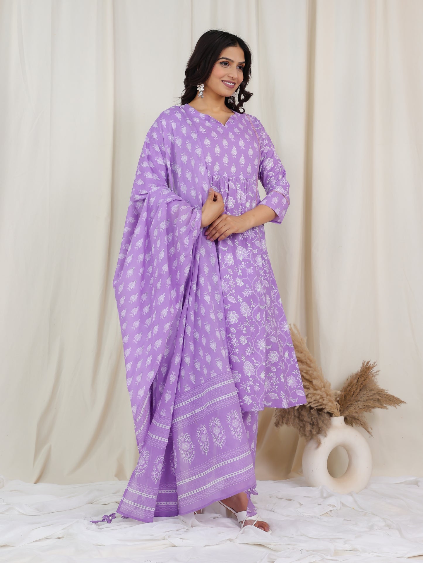 Soft Cotton Floral Flare Purple Kurta