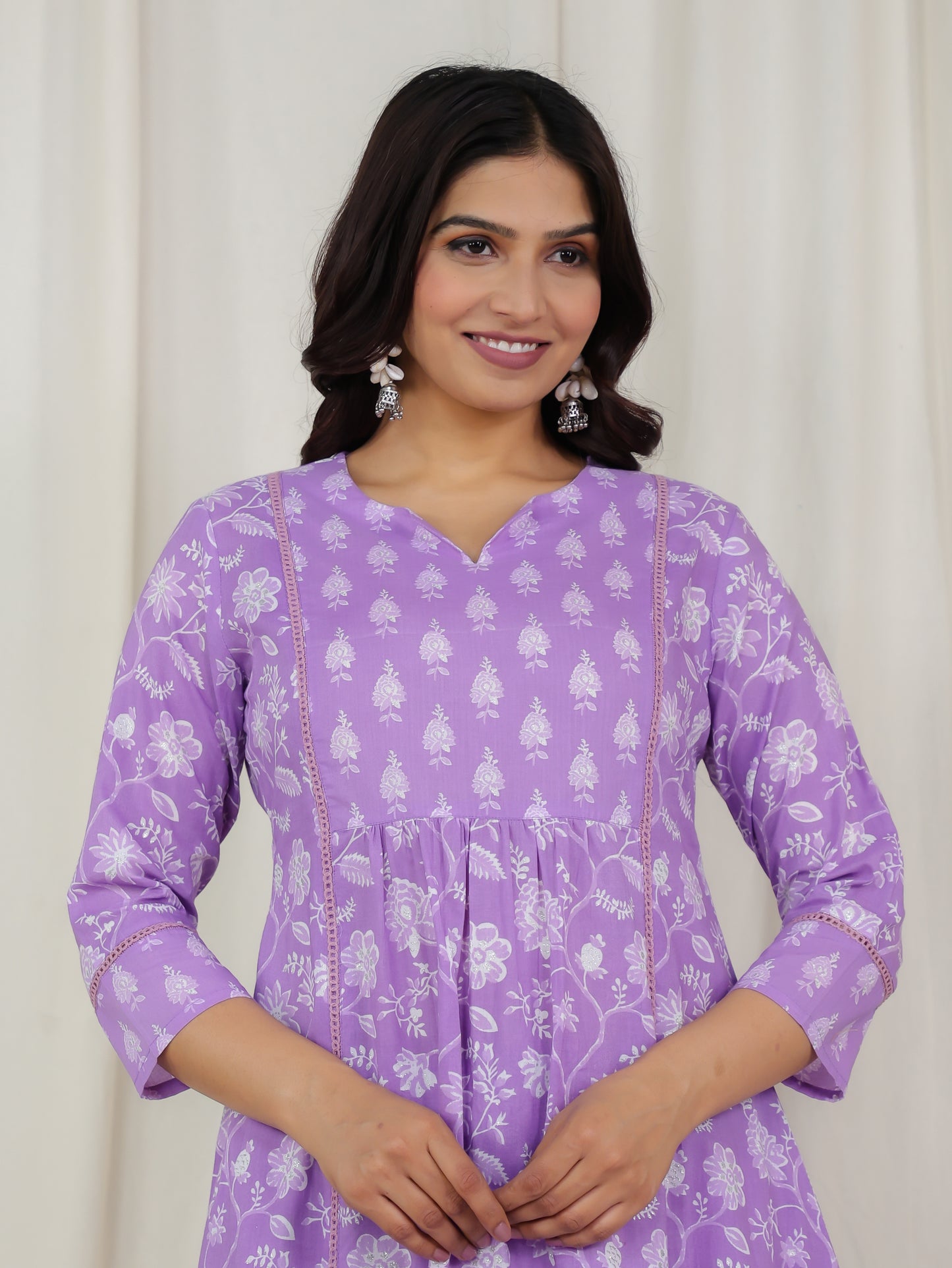 Soft Cotton Floral Flare Purple Kurta