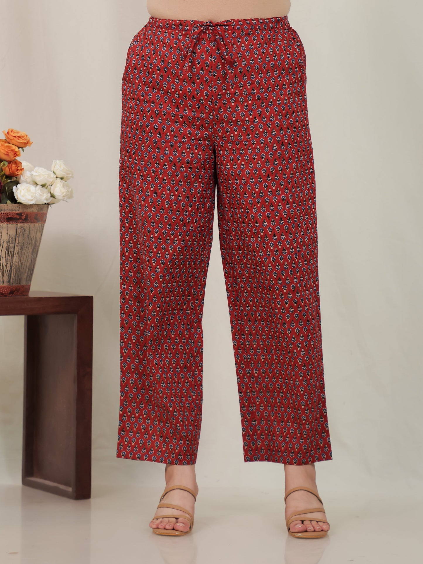 Soft Cotton Geometric Rust Straight Trousers