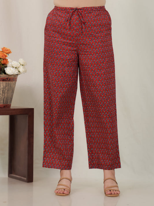 Soft Cotton Geometric Rust Straight Trousers