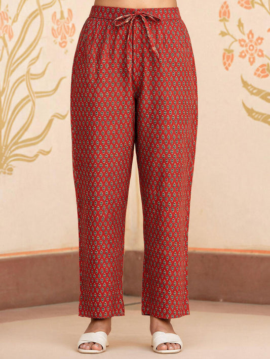 Soft Cotton Geometric Rust Straight Trousers