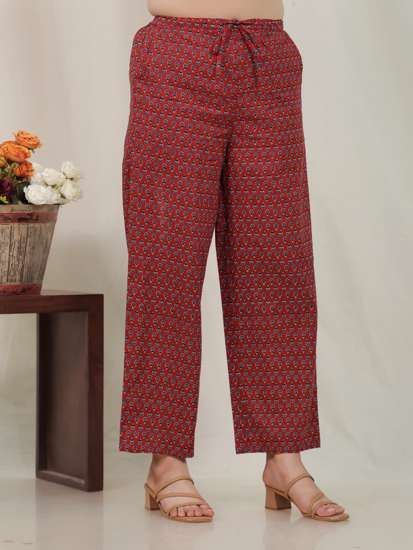 Soft Cotton Geometric Rust Straight Trousers