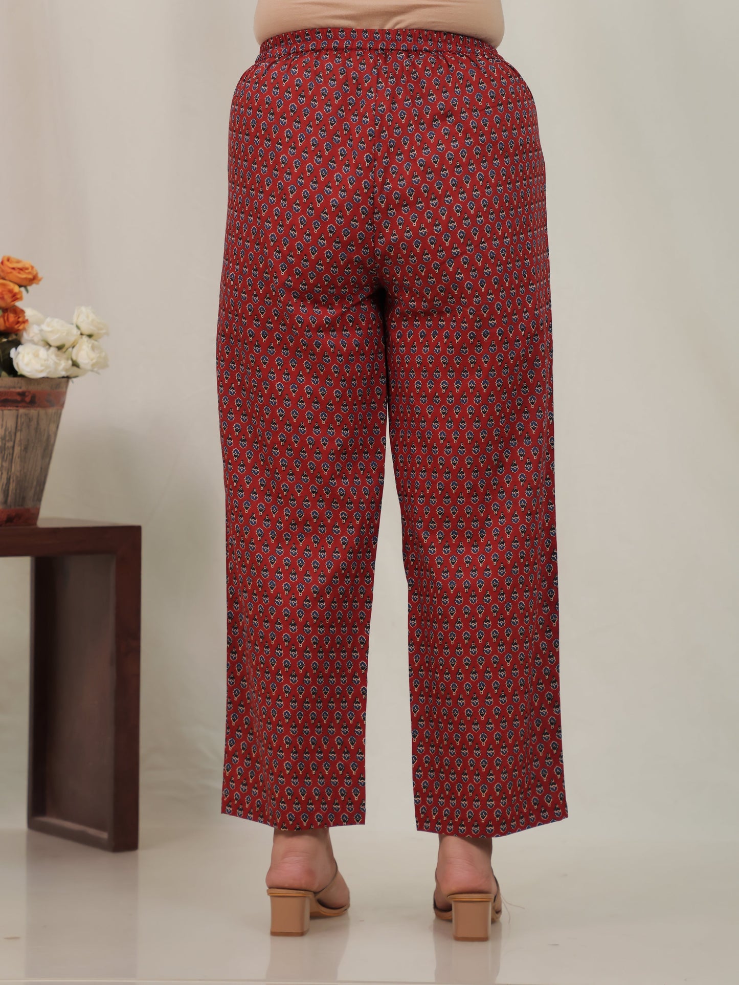 Soft Cotton Geometric Rust Straight Trousers