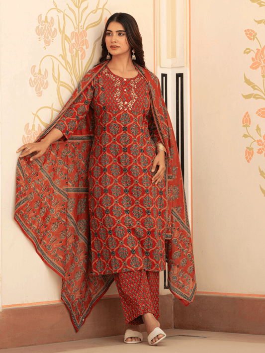 Cotton Voile Geometric Rust Dupatta