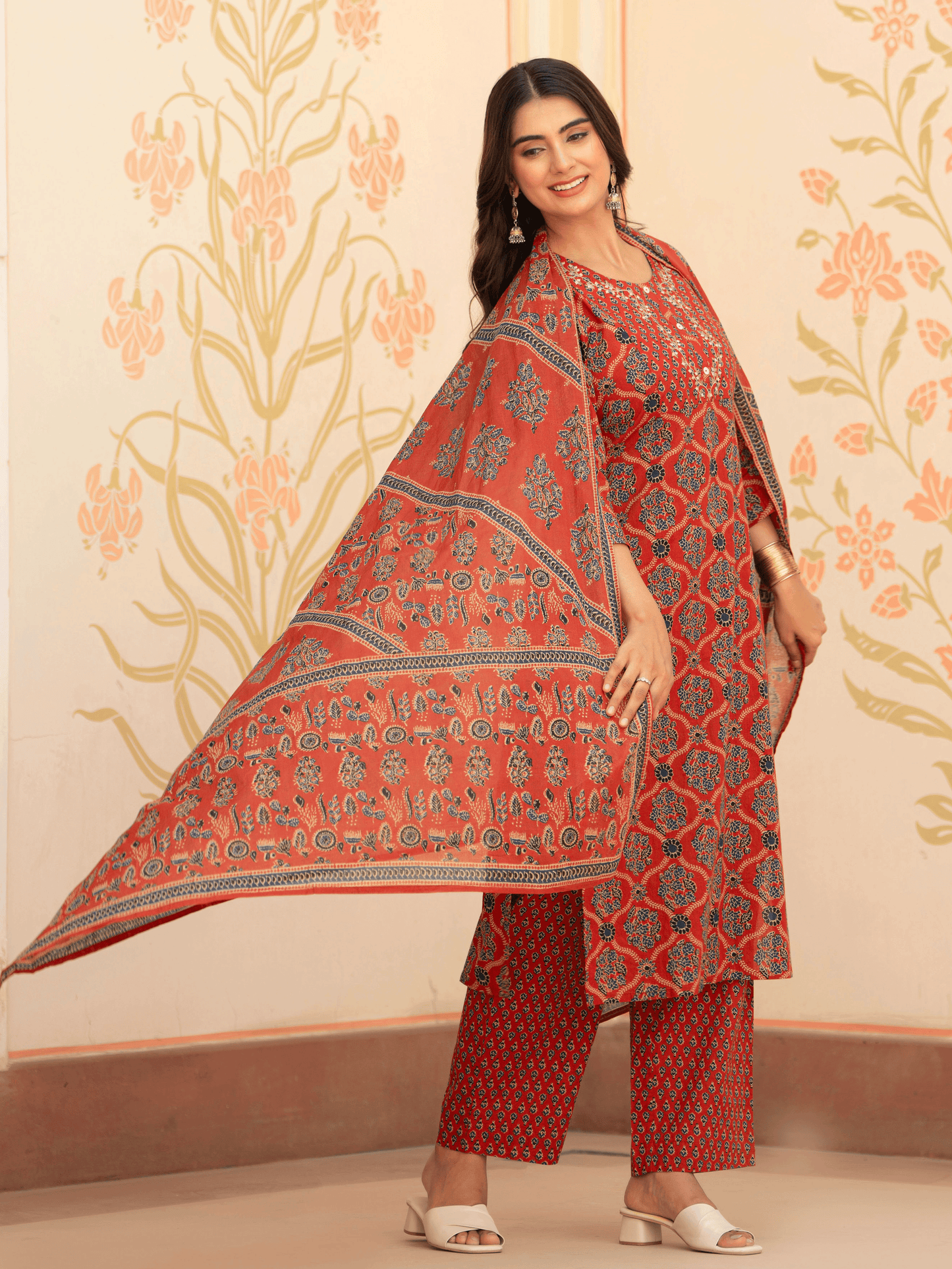 Cotton Voile Geometric Rust Dupatta