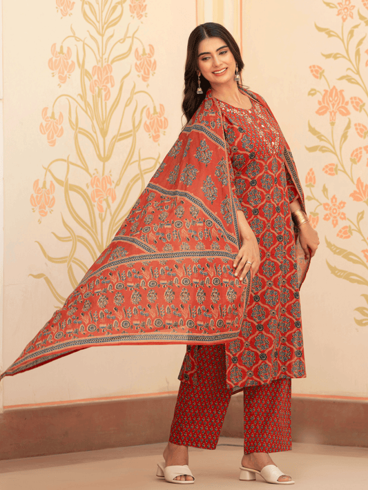 Cotton Voile Geometric Rust Dupatta