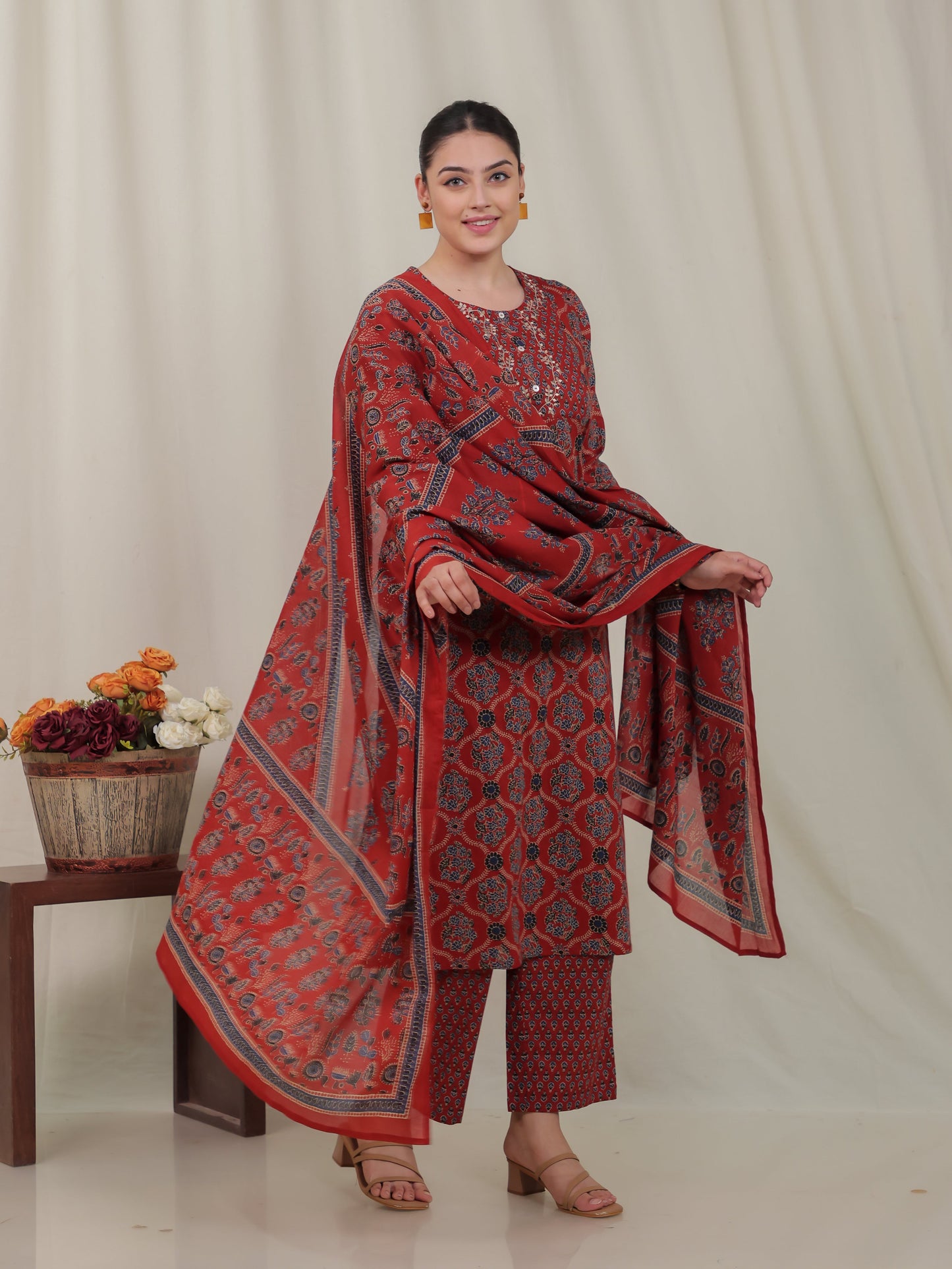 Cotton Voile Geometric Rust Dupatta