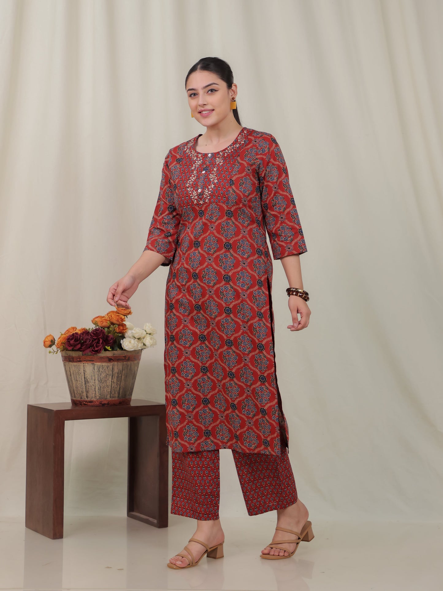 Embroidered Soft Cotton Geometric Straight Rust Kurta