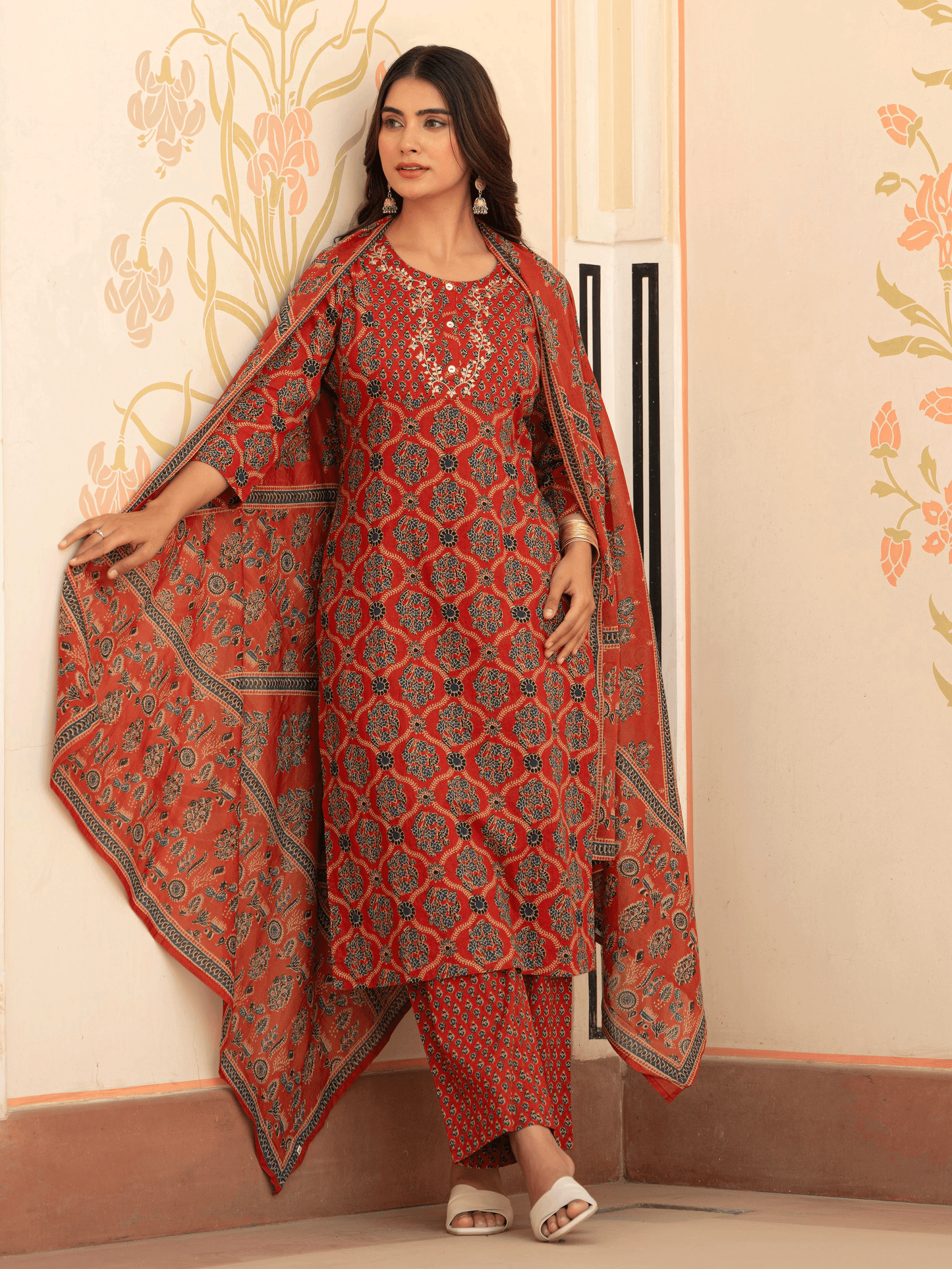 Embroidered Soft Cotton Geometric Straight Rust Kurta