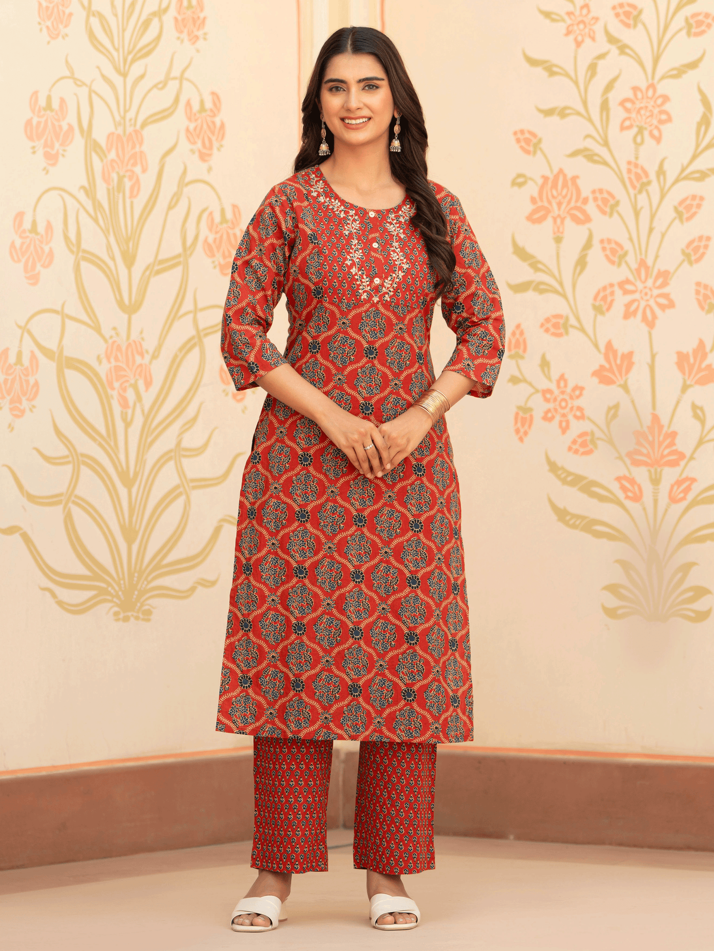 Embroidered Soft Cotton Geometric Straight Rust Kurta
