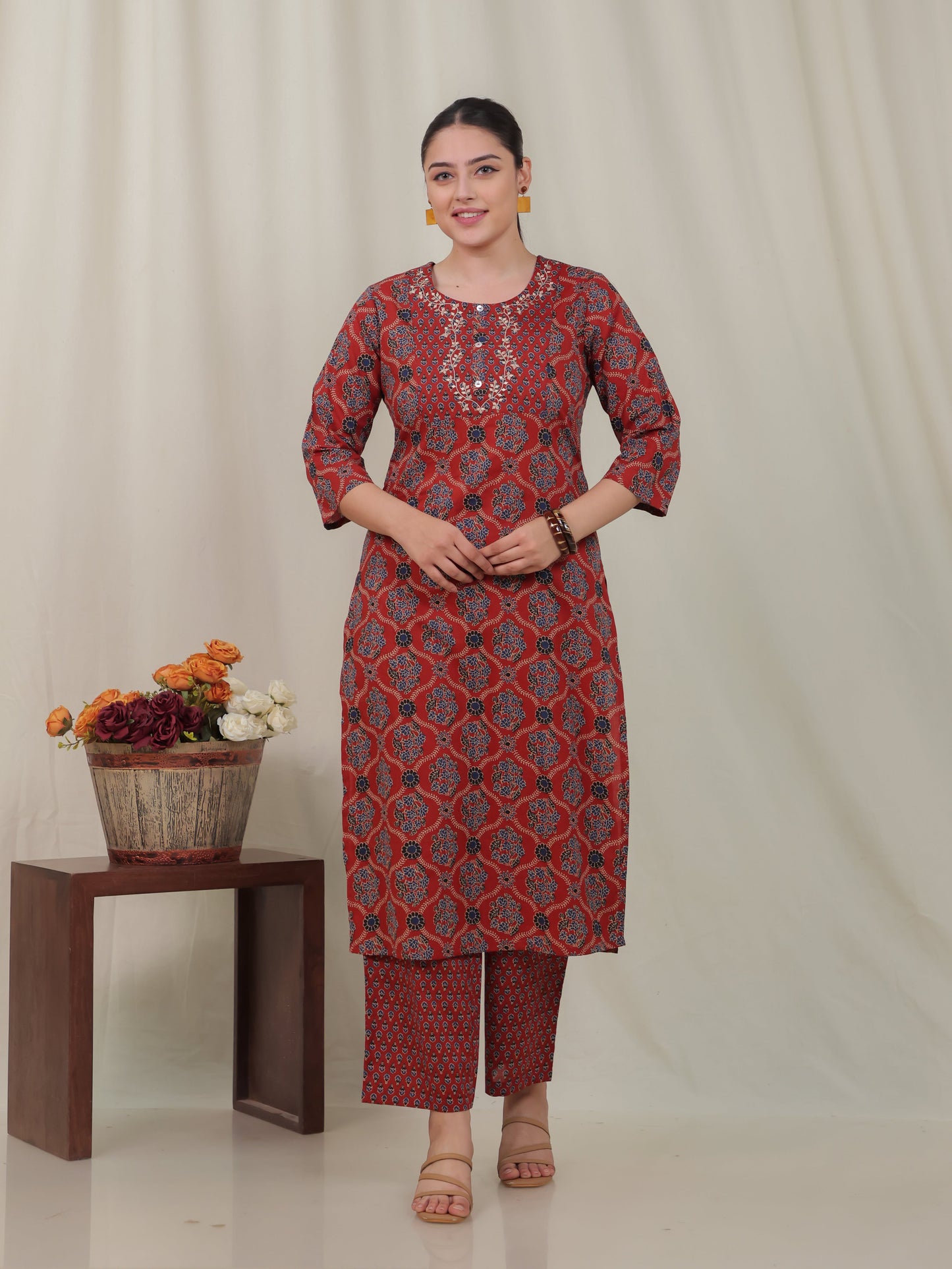 Embroidered Soft Cotton Geometric Straight Rust Kurta